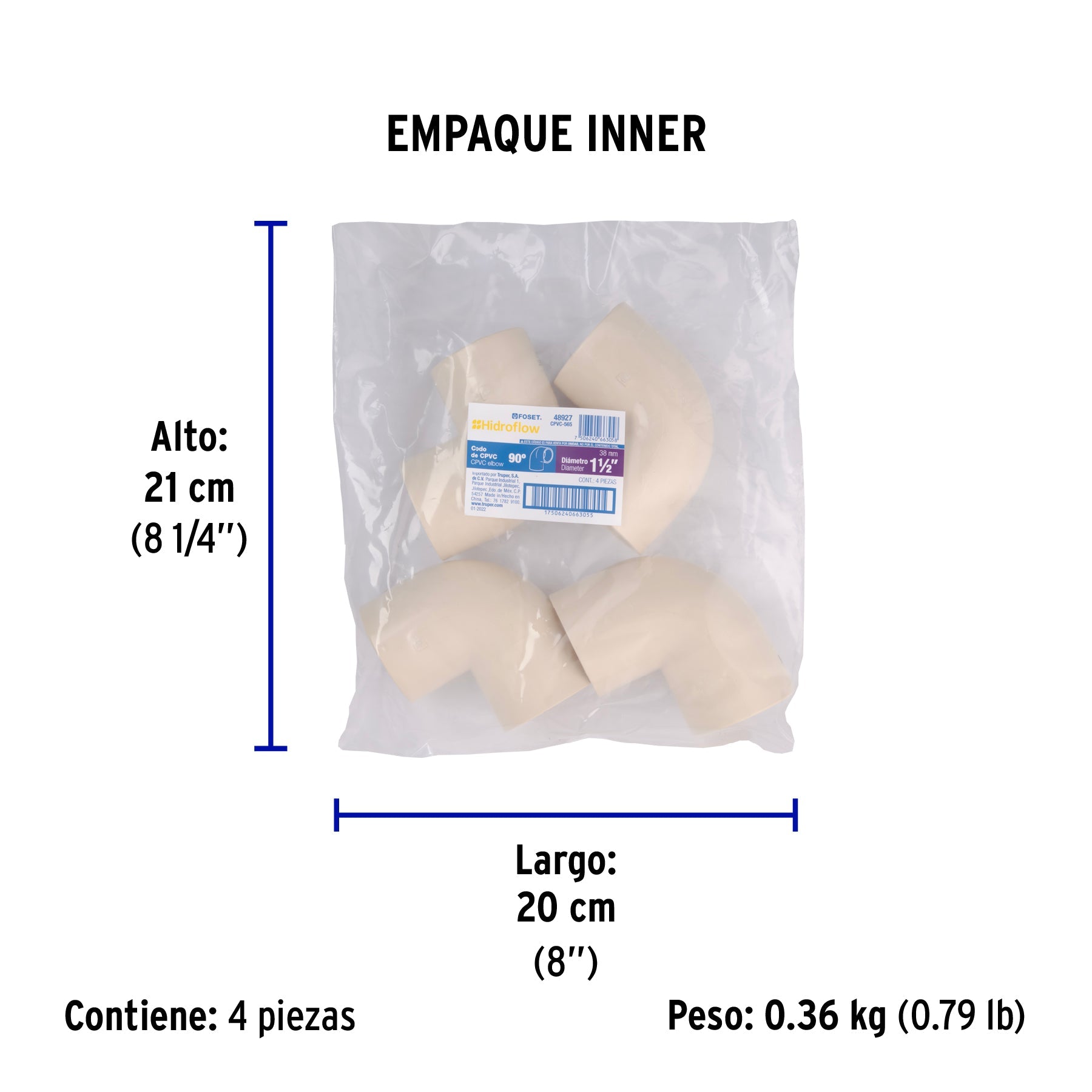 Codo 90° de CPVC de 1-1/2", FOSET - Empaque