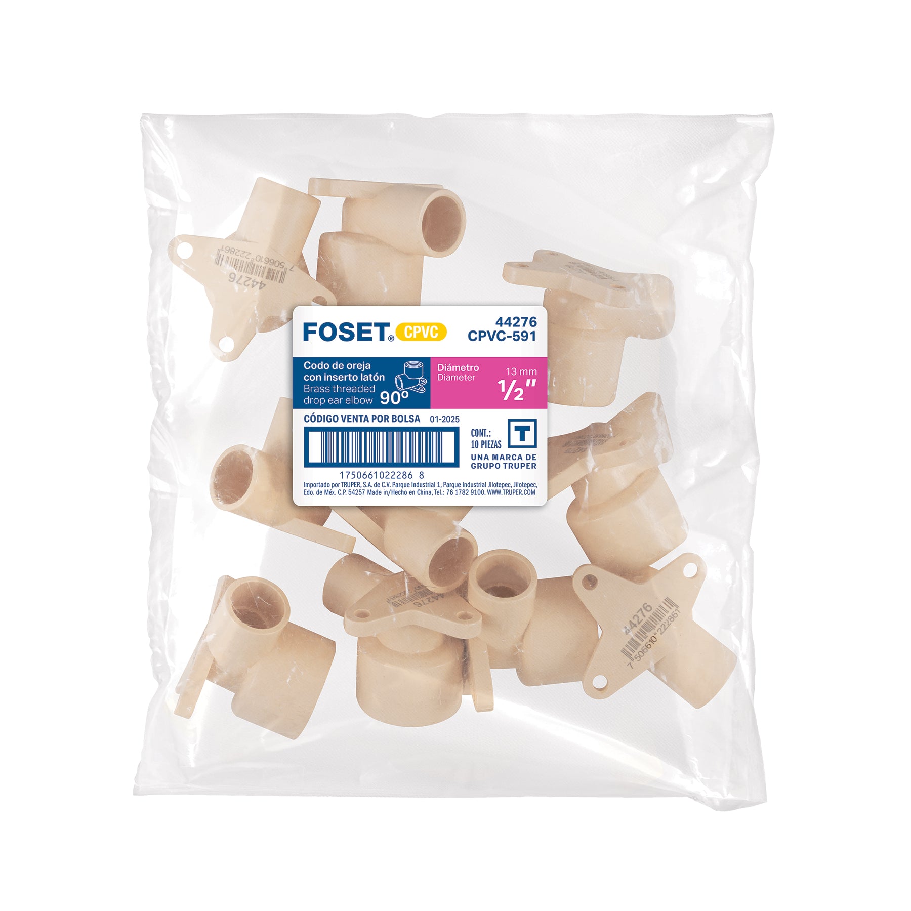 Codo oreja 90° CPVC, 1/2", inserto metálico-latón, FOSET