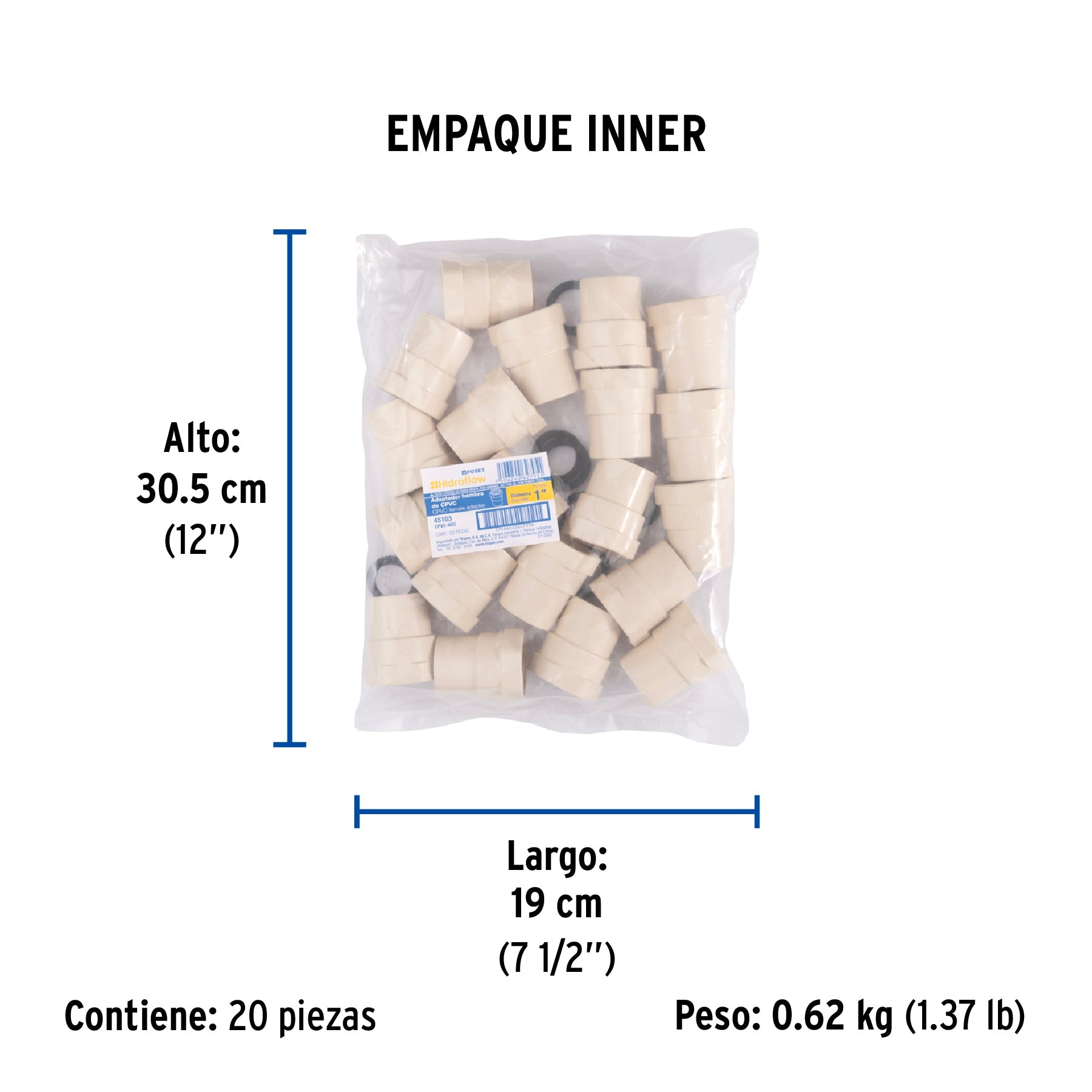 Conector hembra de CPVC 1", FOSET - Empaque