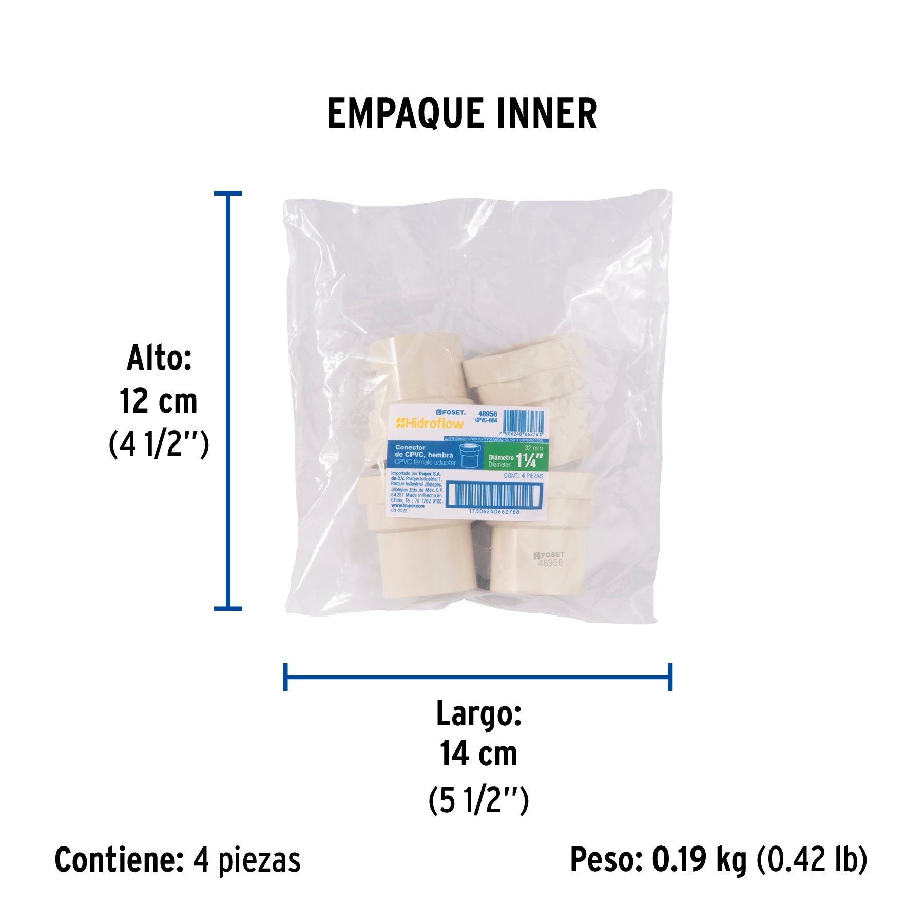 Conector hembra CPVC 1-1/4", FOSET - Empaque