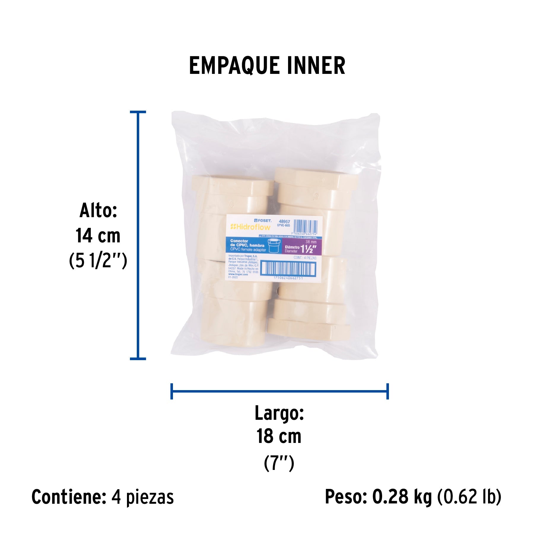 Conector hembra CPVC 1-1/2", FOSET - Empaque