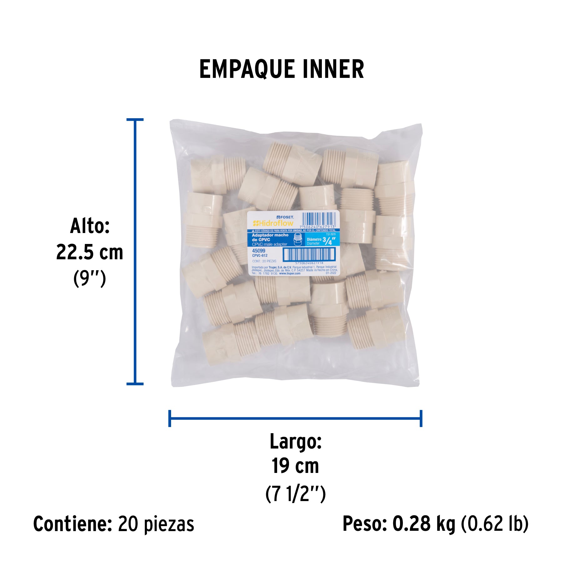 Conector macho de CPVC 3/4", FOSET - Empaque