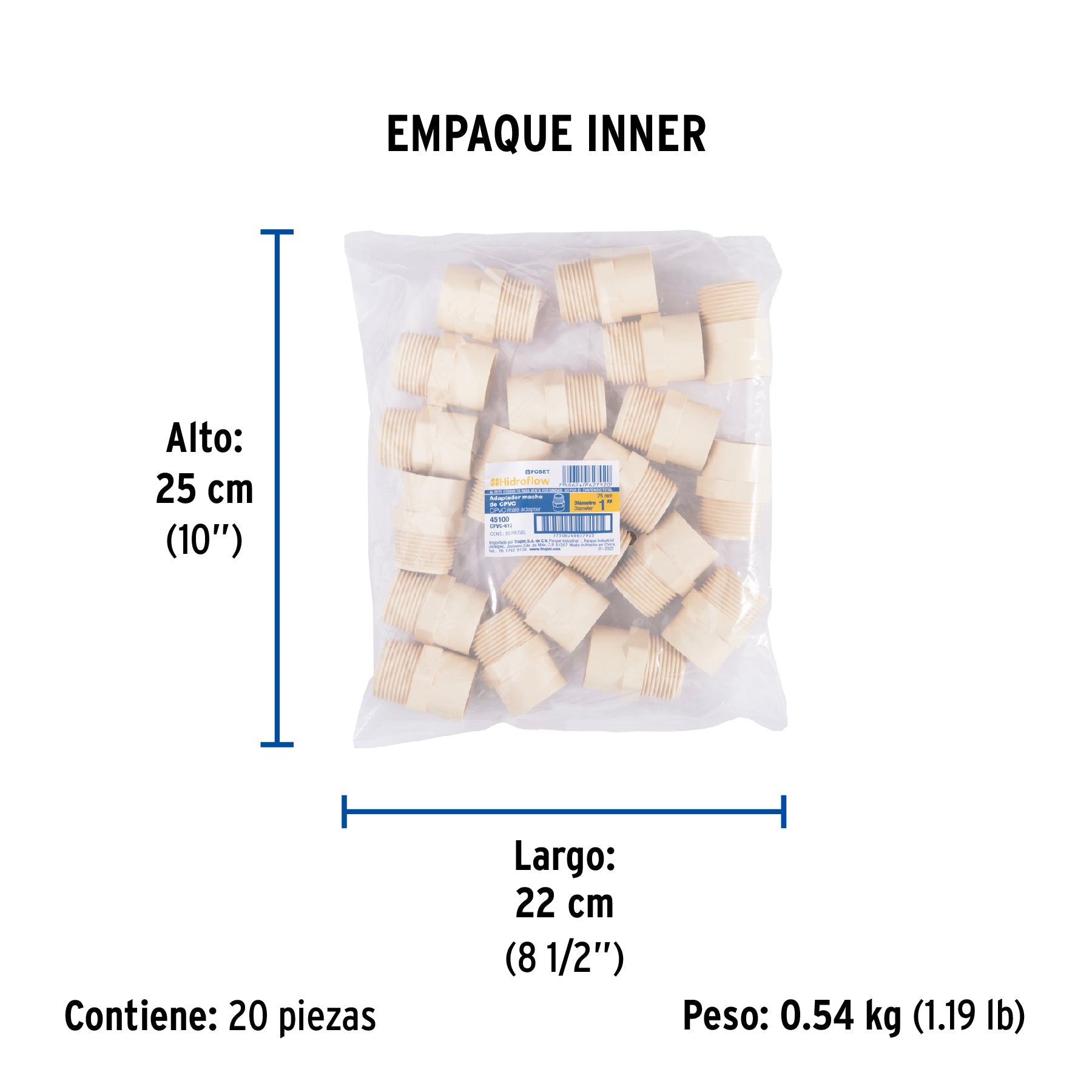 Conector macho de CPVC 1", FOSET - Empaque