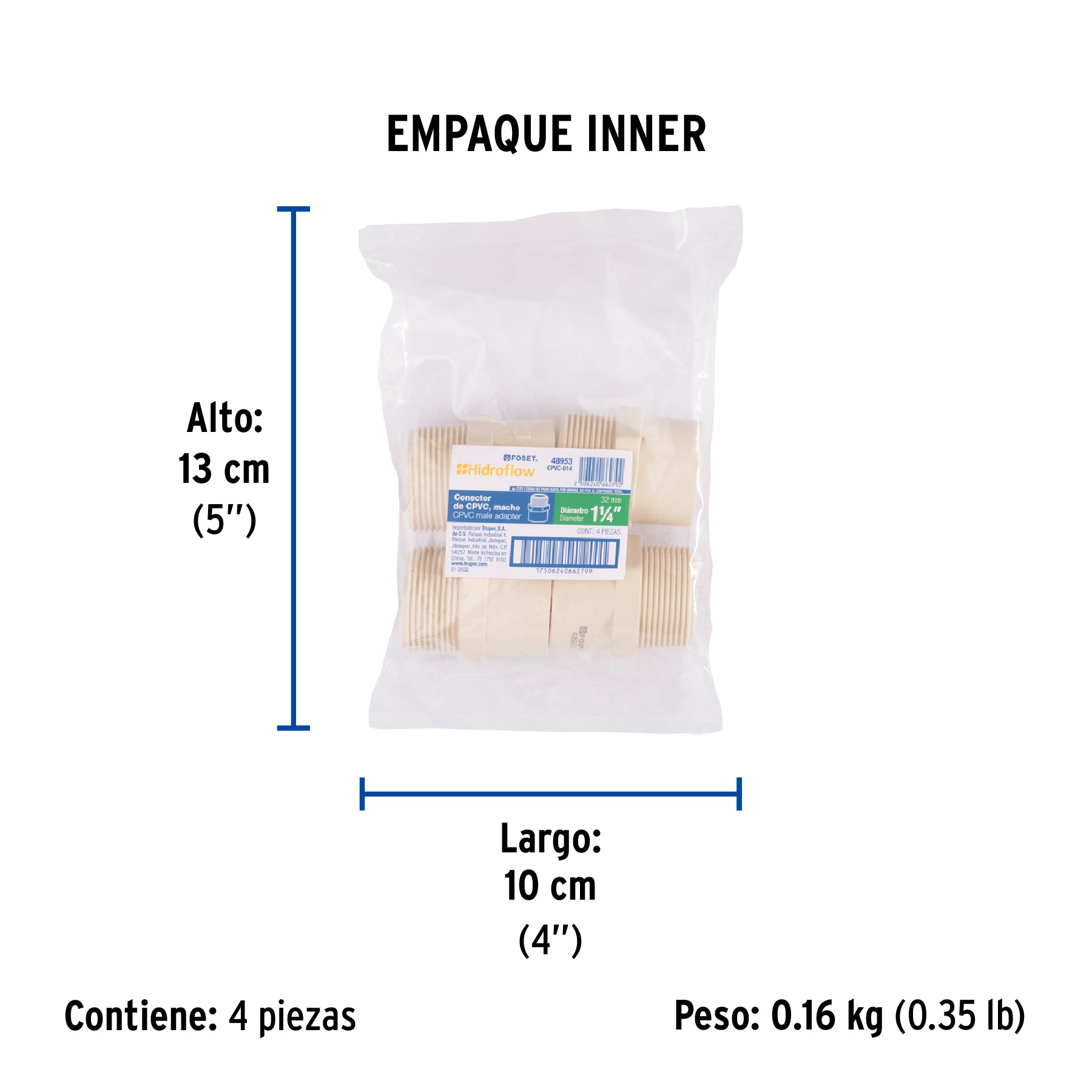Conector macho CPVC 1-1/4", FOSET - Empaque