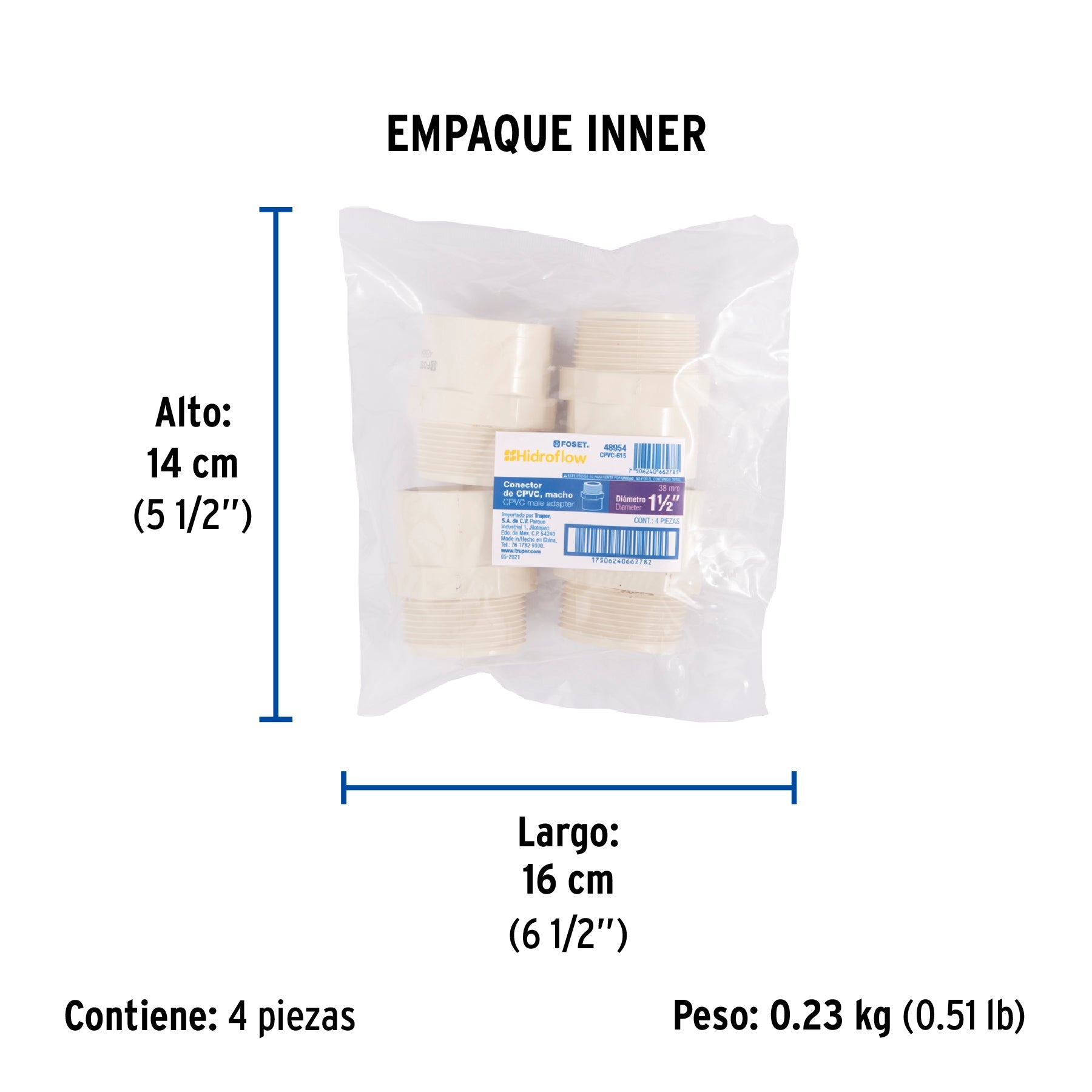 Conector macho CPVC 1-1/2", FOSET - Empaque