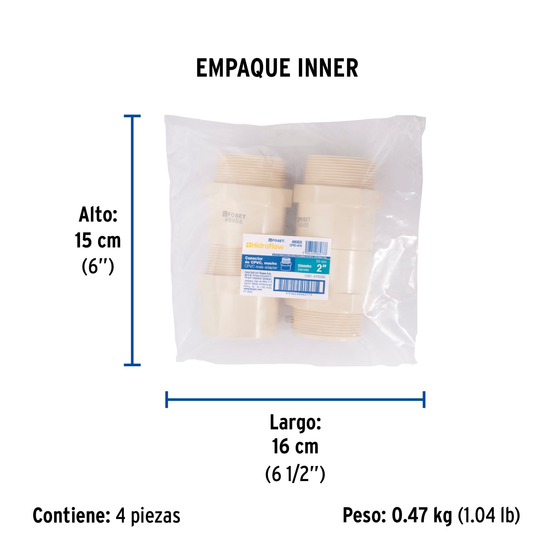 Conector macho CPVC 2", FOSET - Empaque