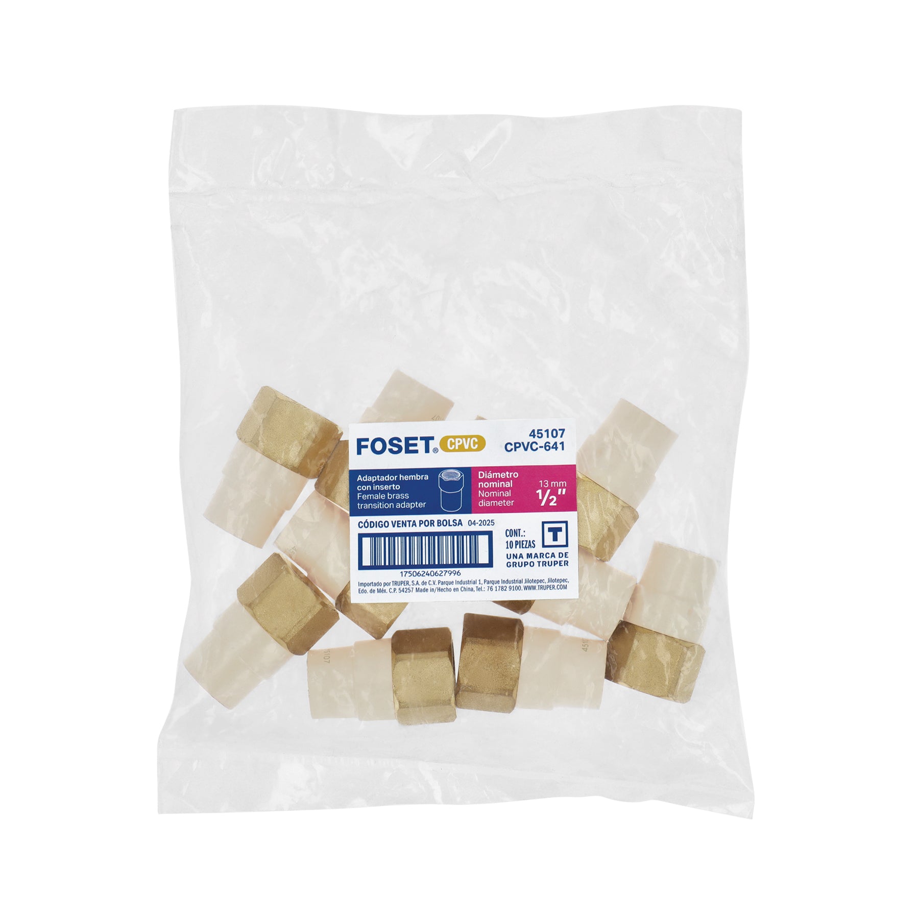 Adaptador hembra de CPVC 1/2" con inserto de latón, FOSET