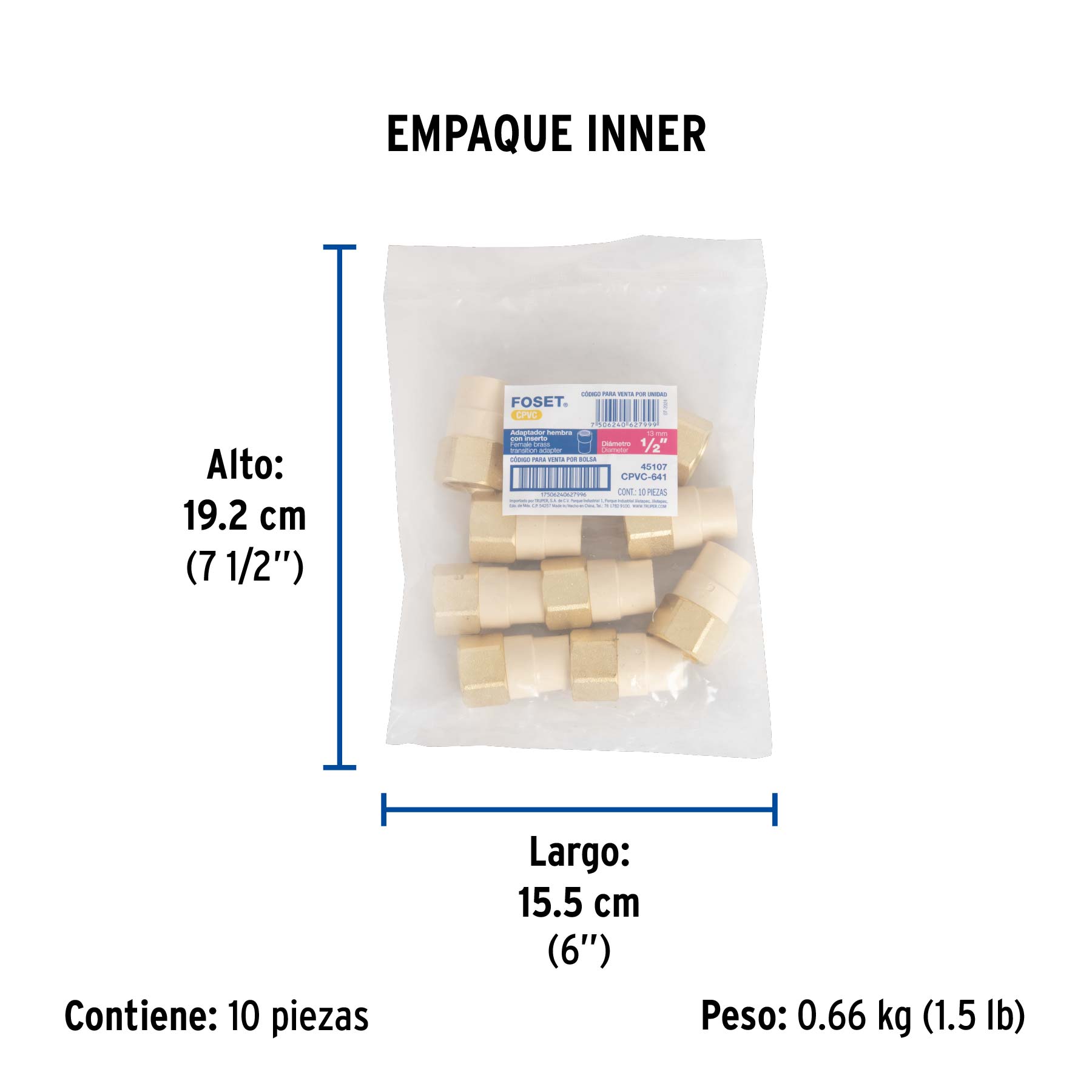 Adaptador hembra de CPVC 1/2" con inserto de latón, FOSET - Empaque