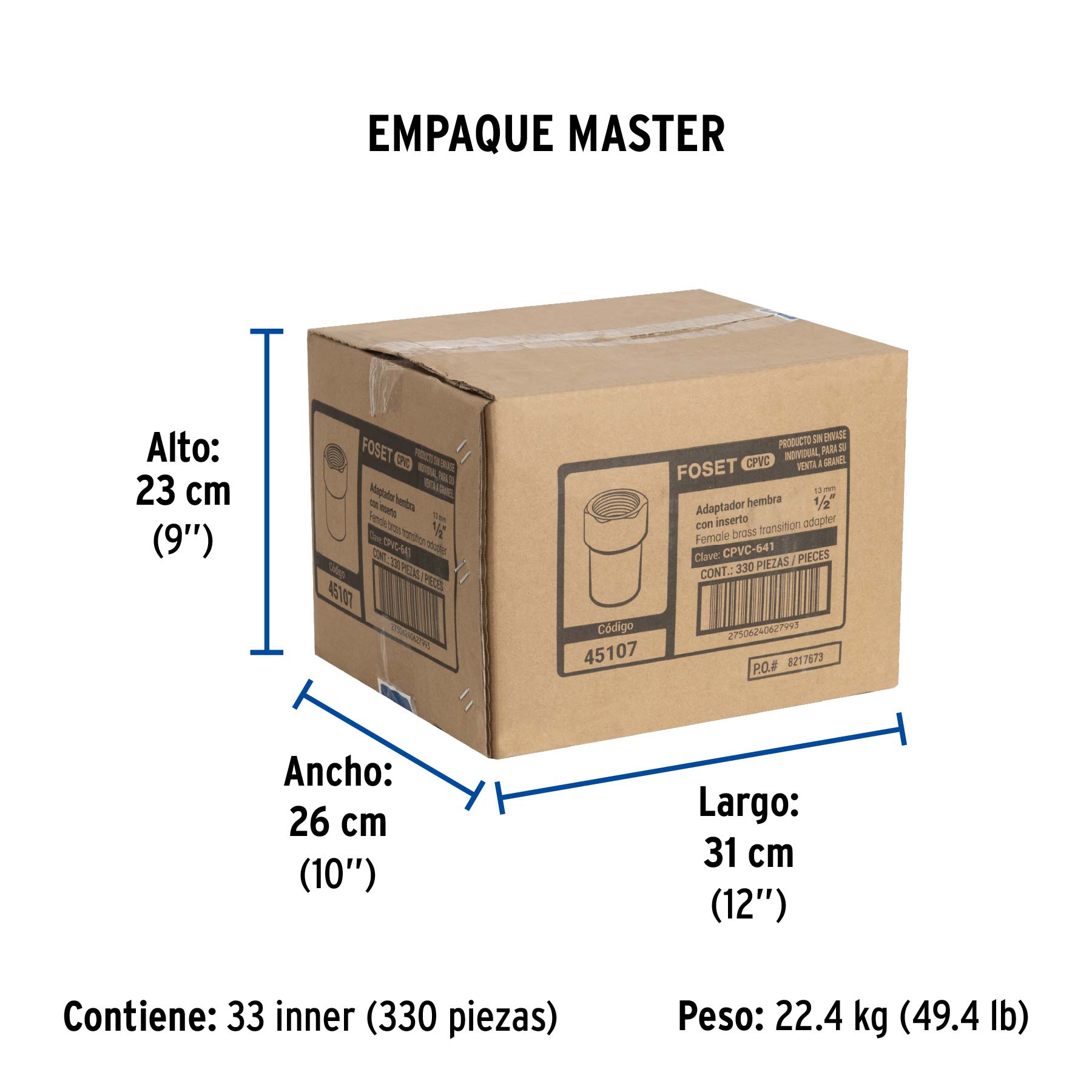 Adaptador hembra de CPVC 1/2" con inserto de latón, FOSET - Empaque
