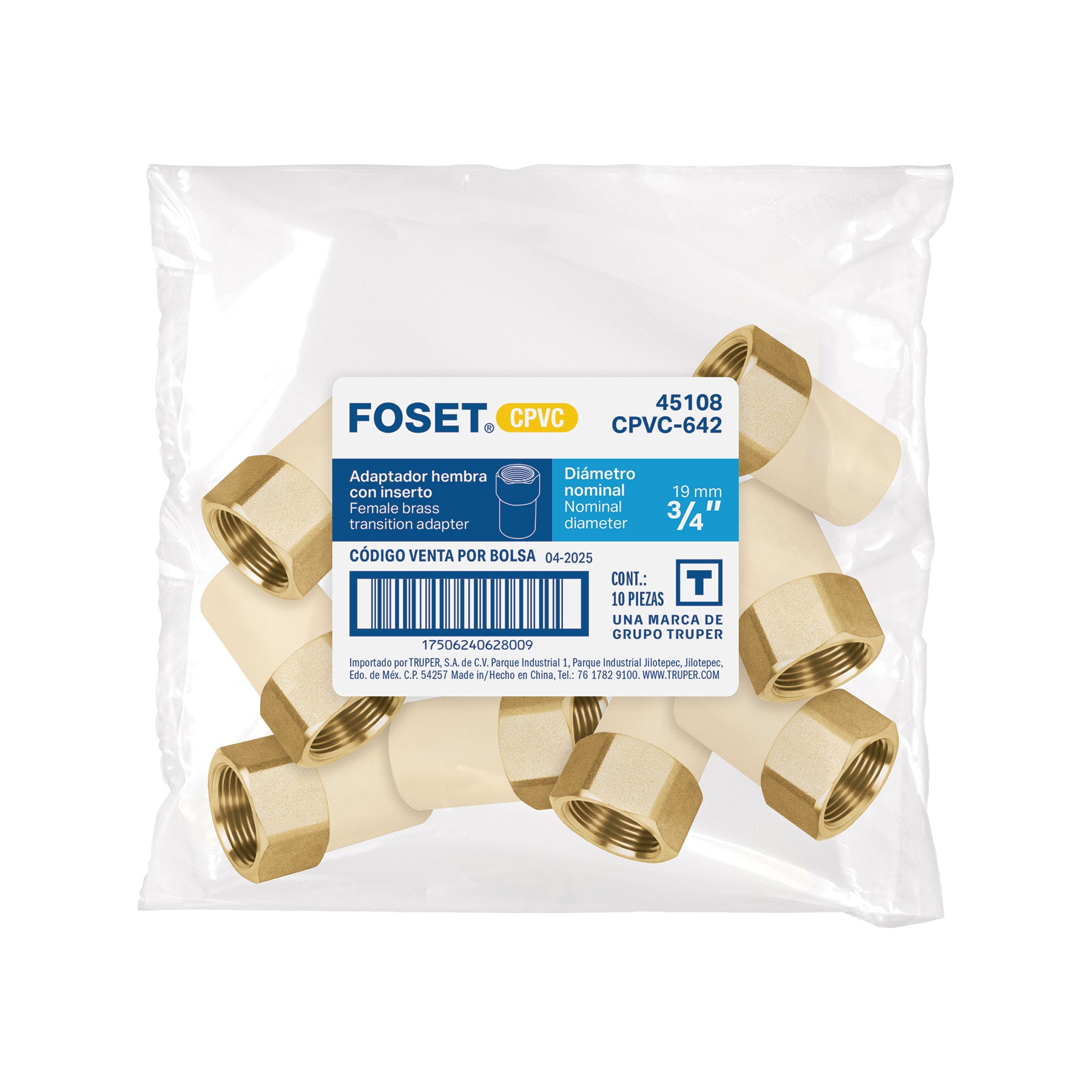 Adaptador hembra de CPVC 3/4" con inserto de latón, FOSET