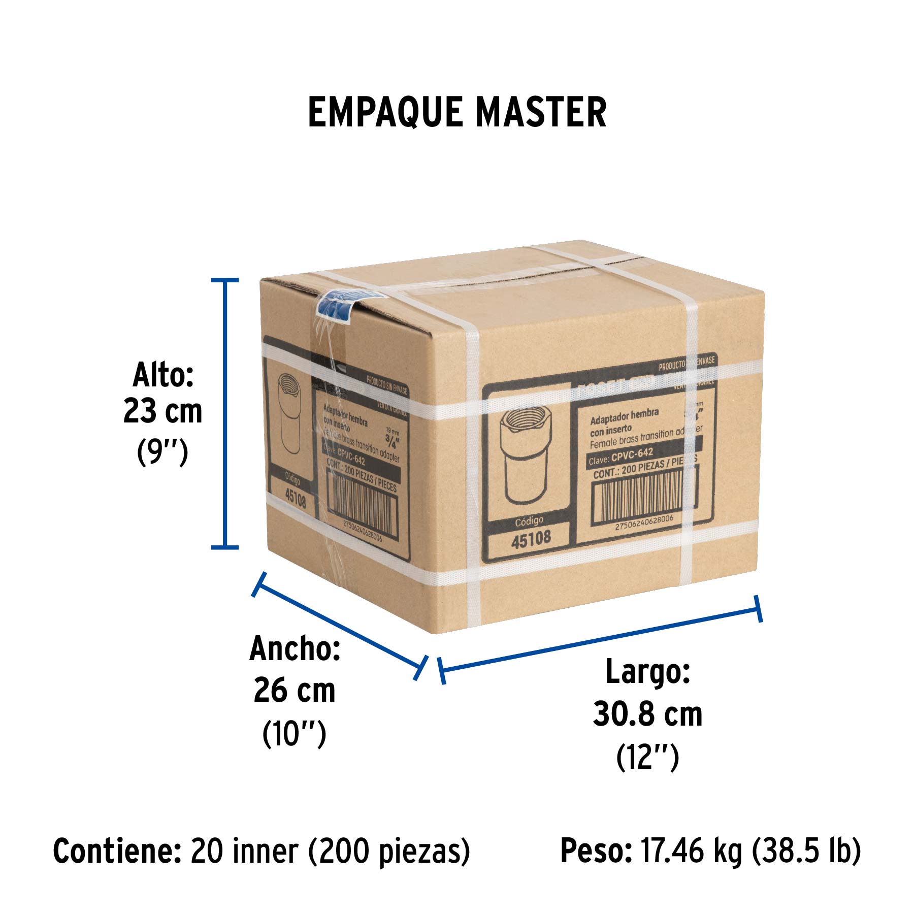 Adaptador hembra de CPVC 3/4" con inserto de latón, FOSET - Empaque