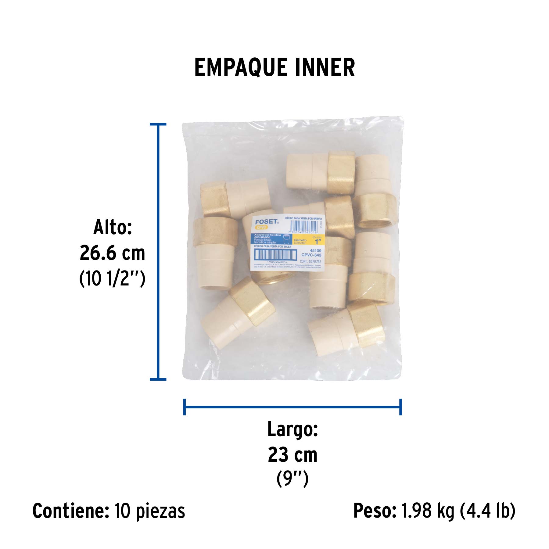 Adaptador hembra de CPVC 1" con inserto de latón, FOSET - Empaque