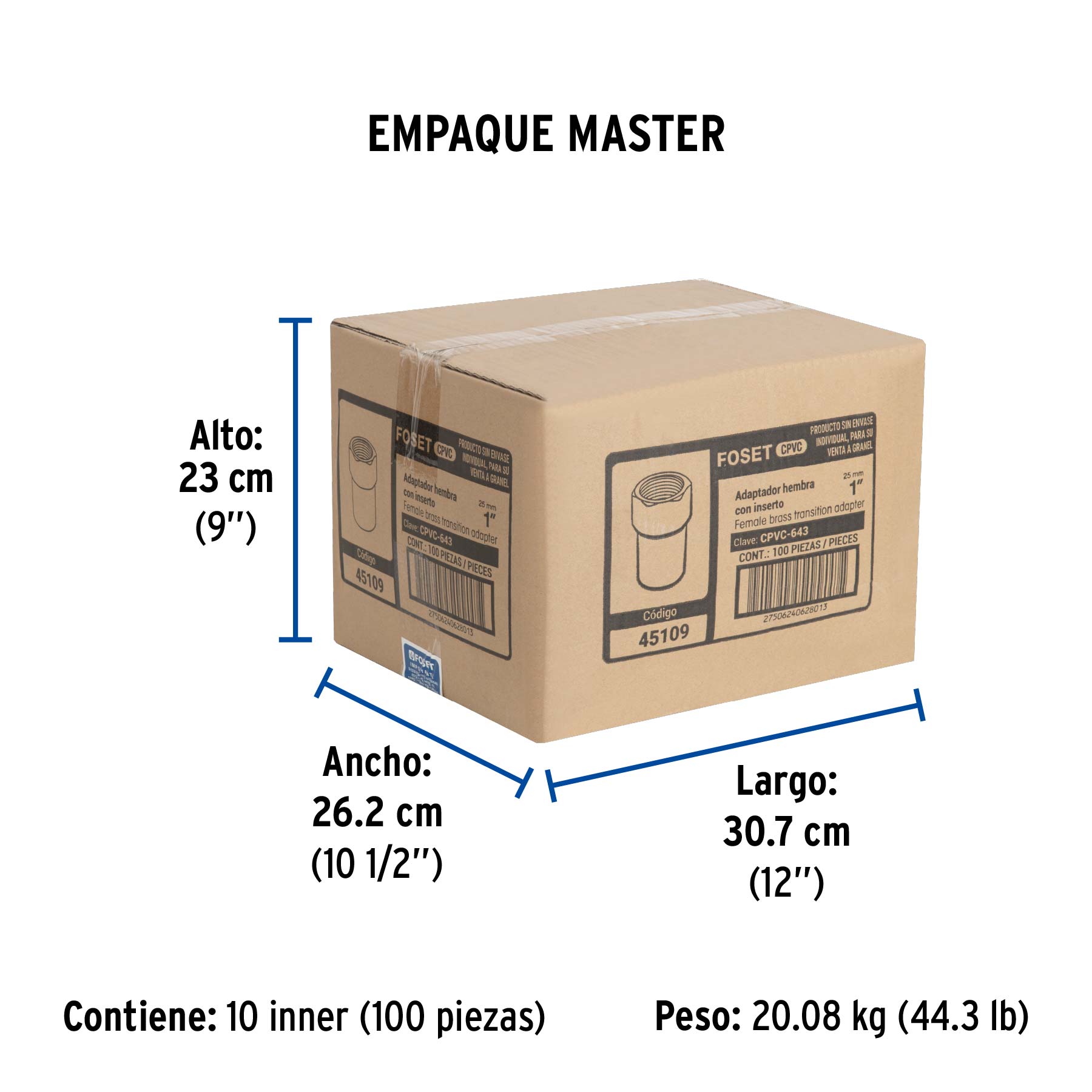 Adaptador hembra de CPVC 1" con inserto de latón, FOSET - Empaque