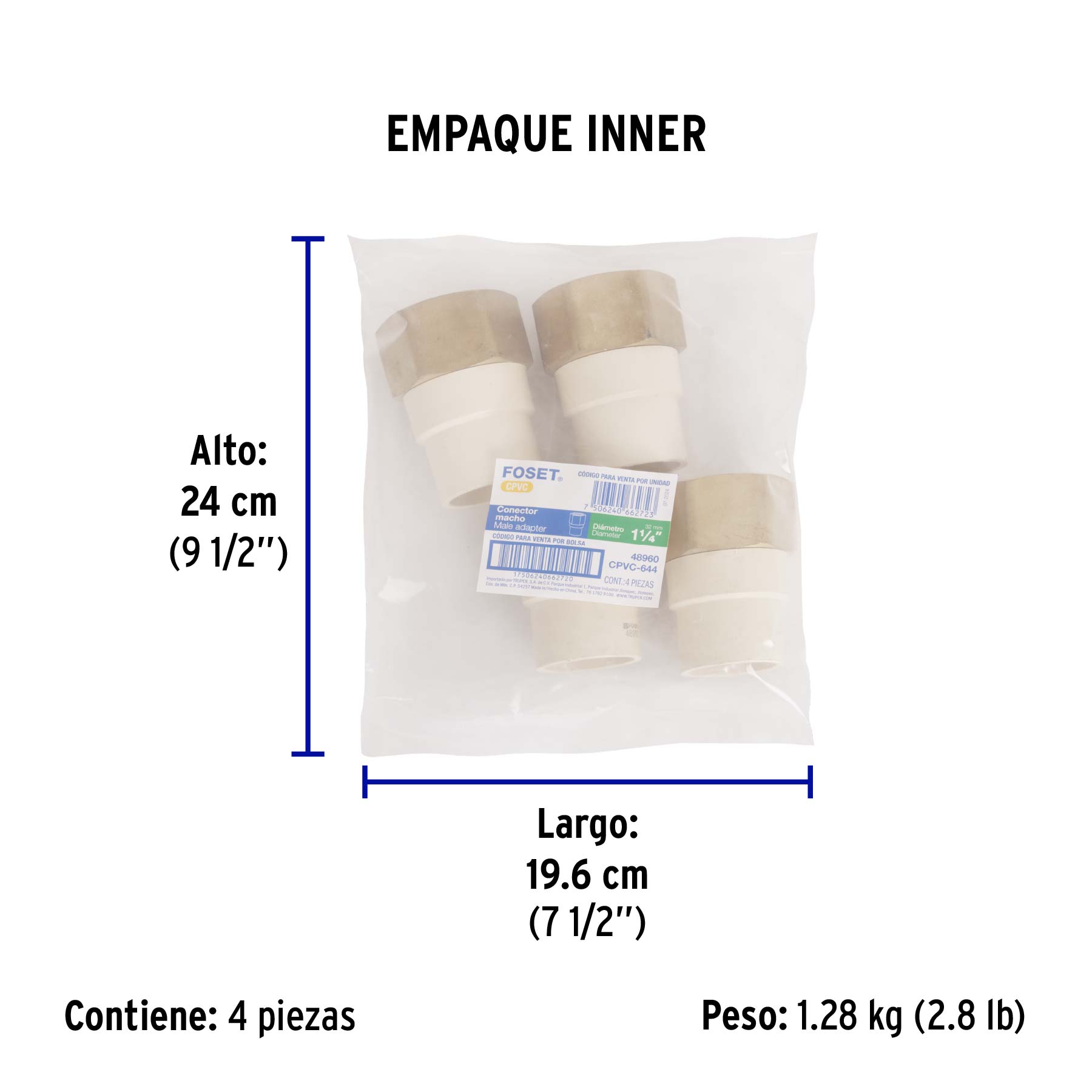 Adaptador hembra de CPVC 1-1/4" con inserto de latón, FOSET - Empaque