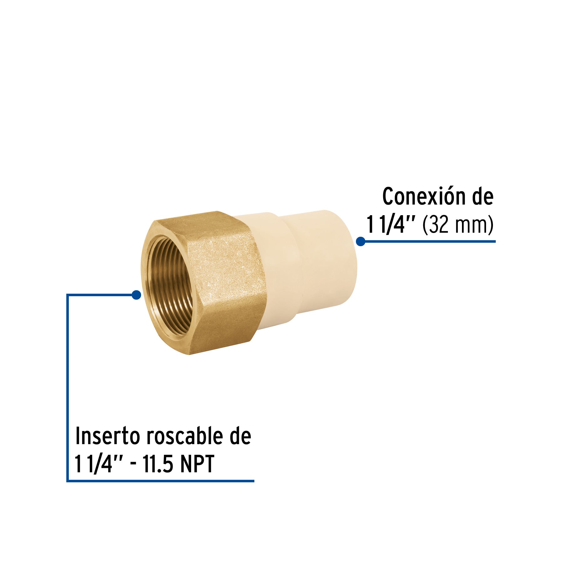 Adaptador hembra de CPVC 1-1/4" con inserto de latón, FOSET