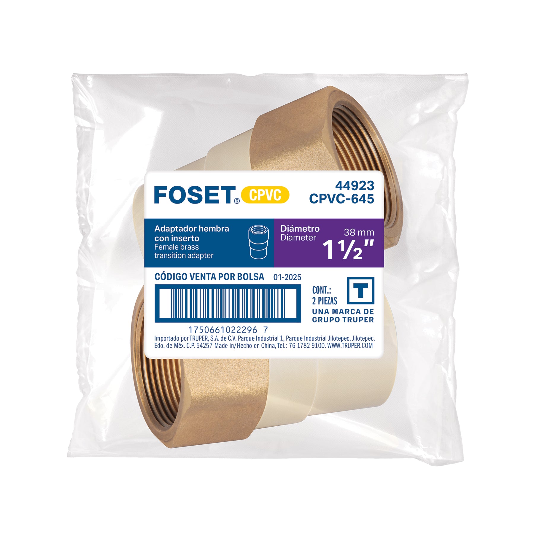 Adaptador CPVC, 1-1/2", hembra inserto metálico-latón, FOSET