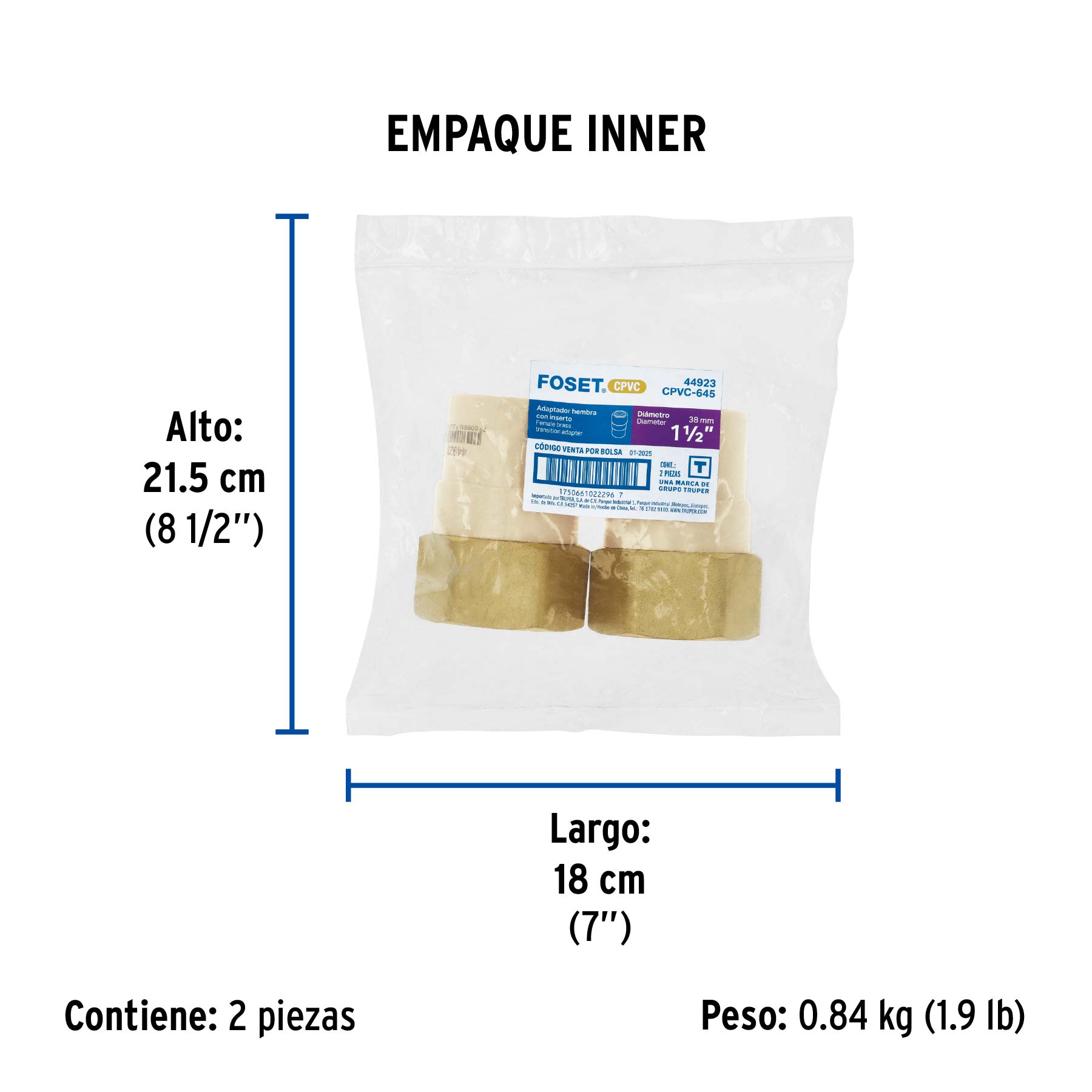 Adaptador CPVC, 1-1/2", hembra inserto metálico-latón, FOSET - Empaque
