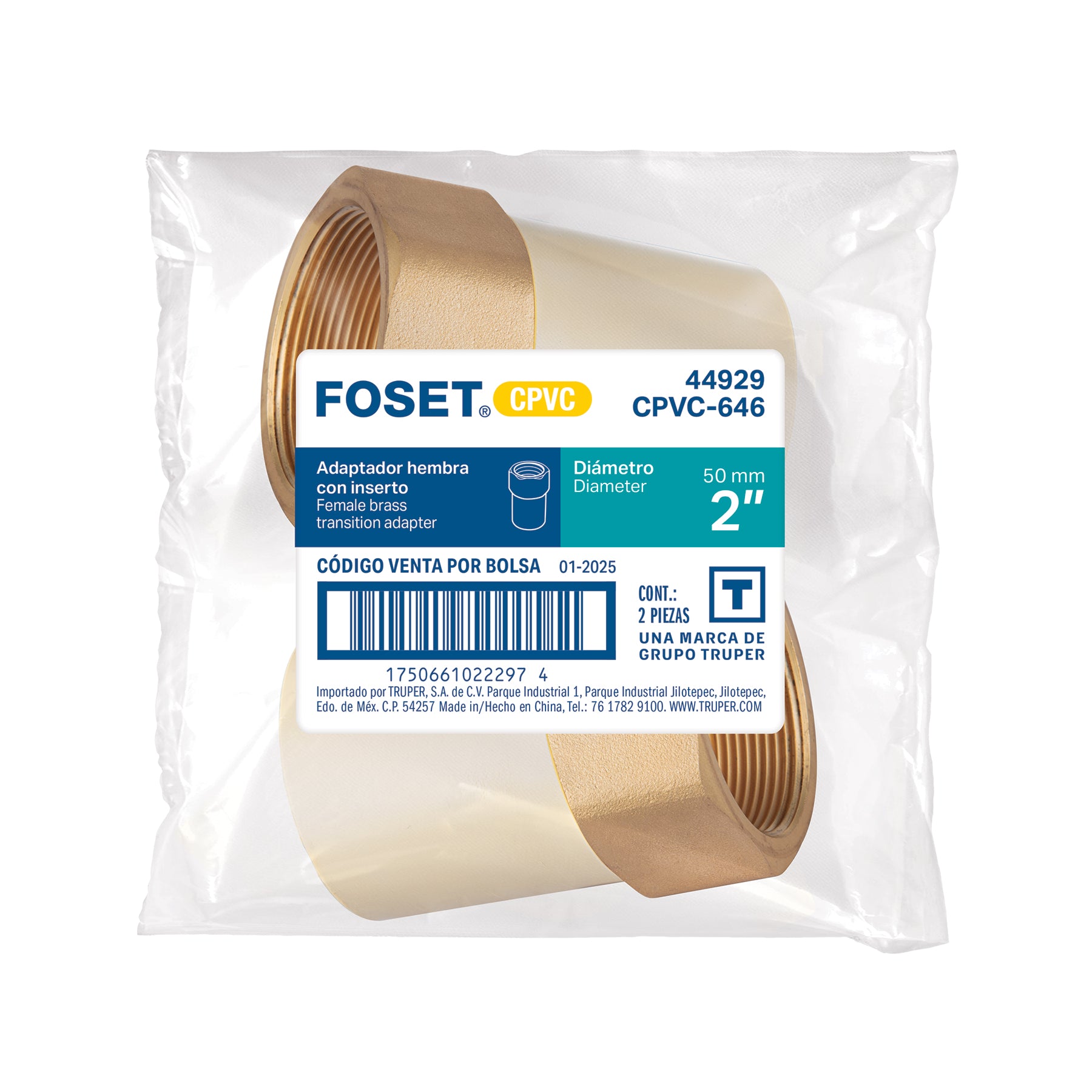 Adaptador CPVC, 2", hembra inserto metálico-latón, FOSET