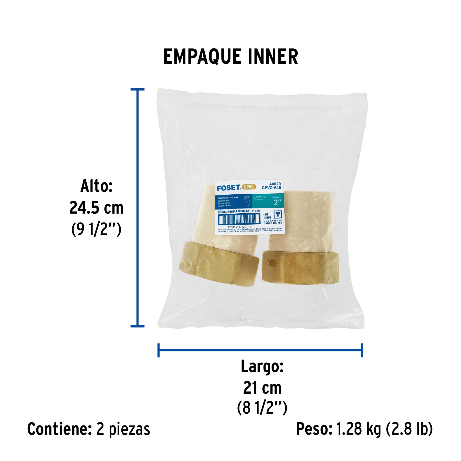 Adaptador CPVC, 2", hembra inserto metálico-latón, FOSET - Empaque