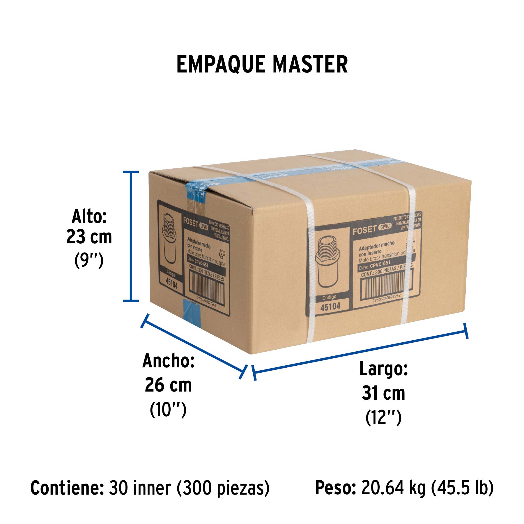 Adaptador macho de CPVC 1/2" con inserto de latón, FOSET - Empaque