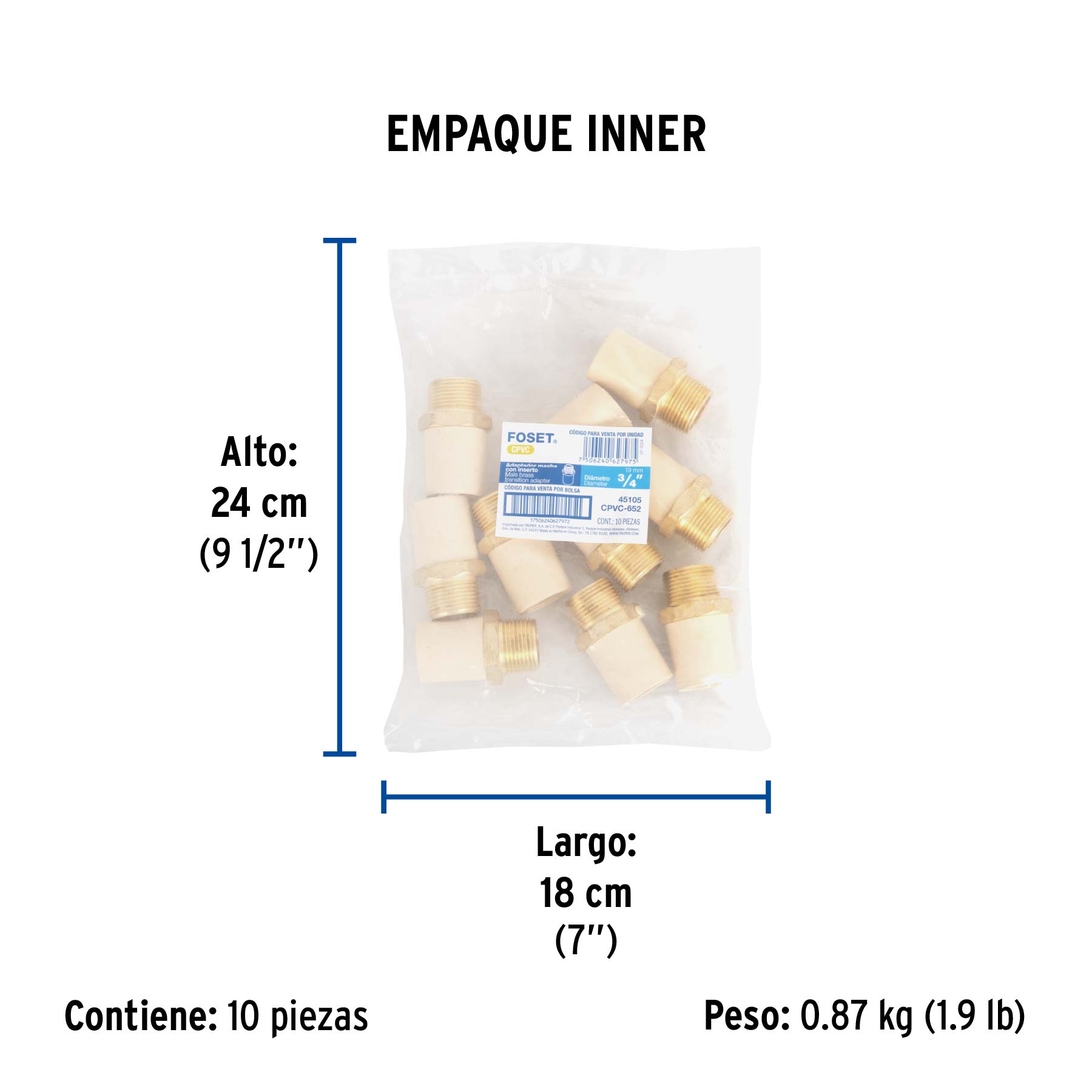 Adaptador macho de CPVC 3/4" con inserto de latón, FOSET - Empaque