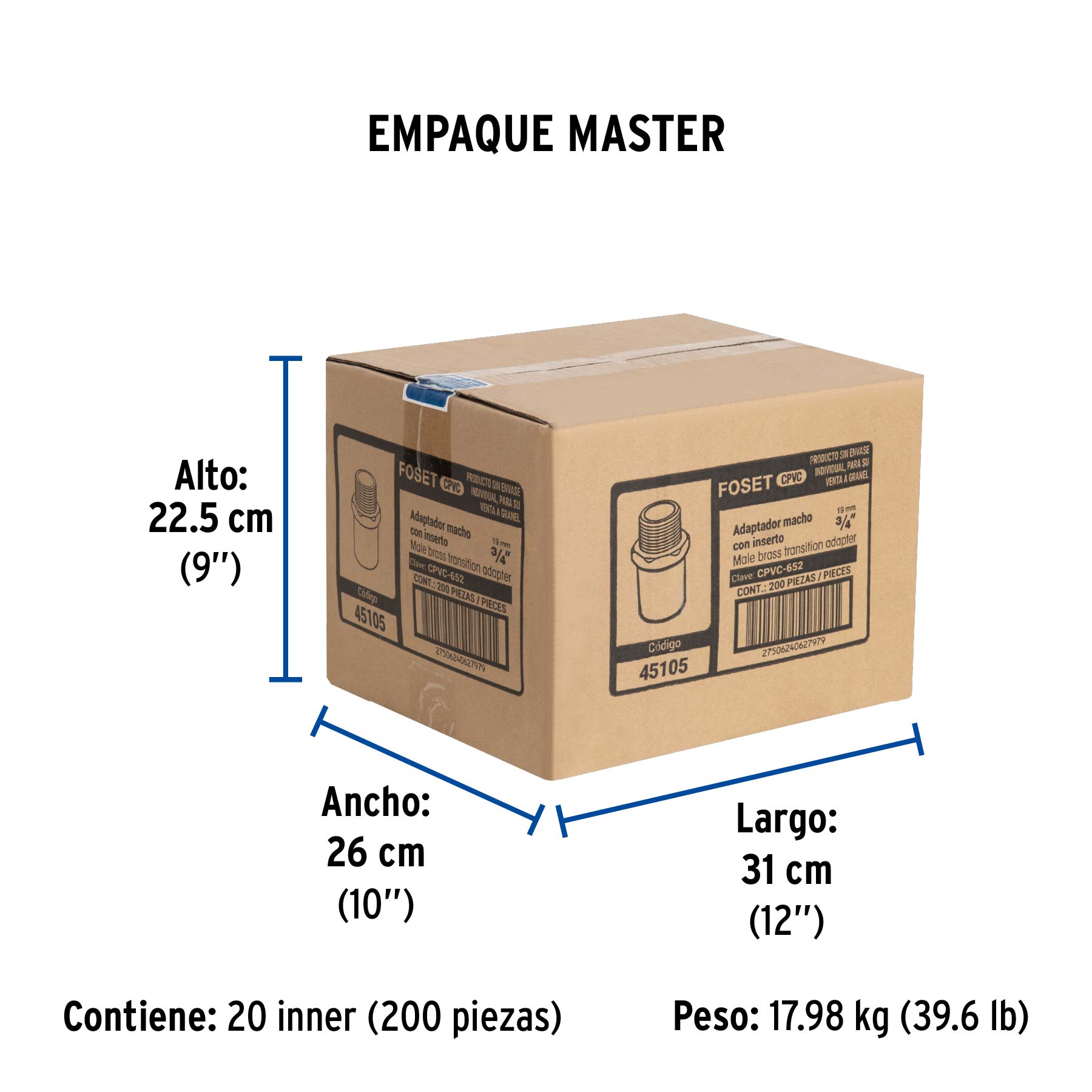 Adaptador macho de CPVC 3/4" con inserto de latón, FOSET - Empaque