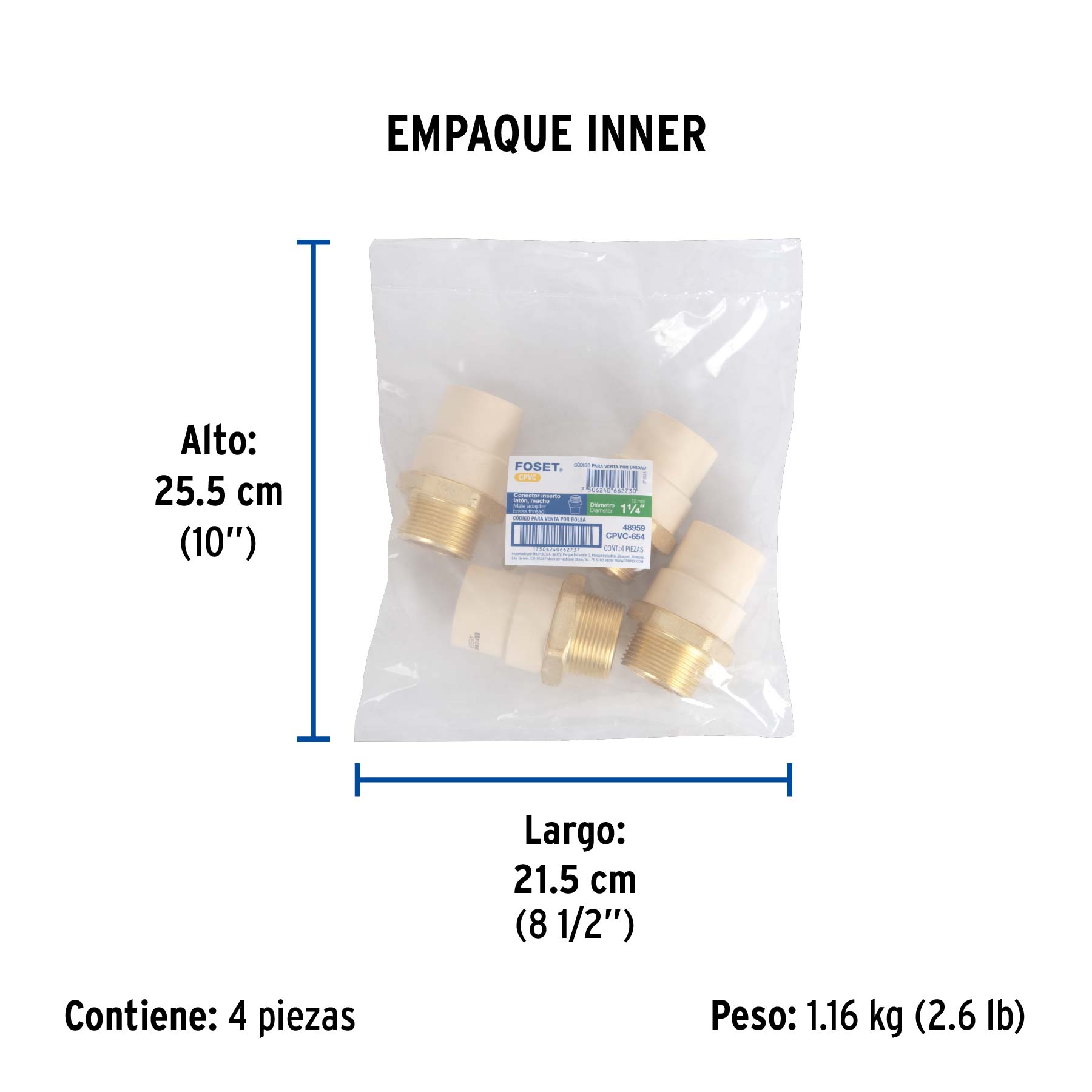 Adaptador macho de CPVC 1-1/4" con inserto de latón, FOSET - Empaque