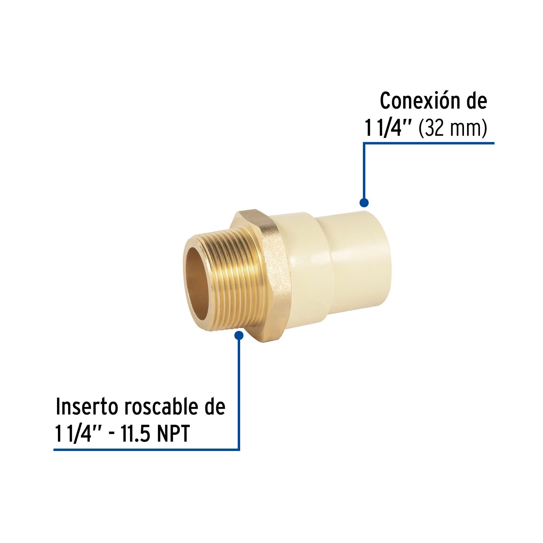 Adaptador macho de CPVC 1-1/4" con inserto de latón, FOSET