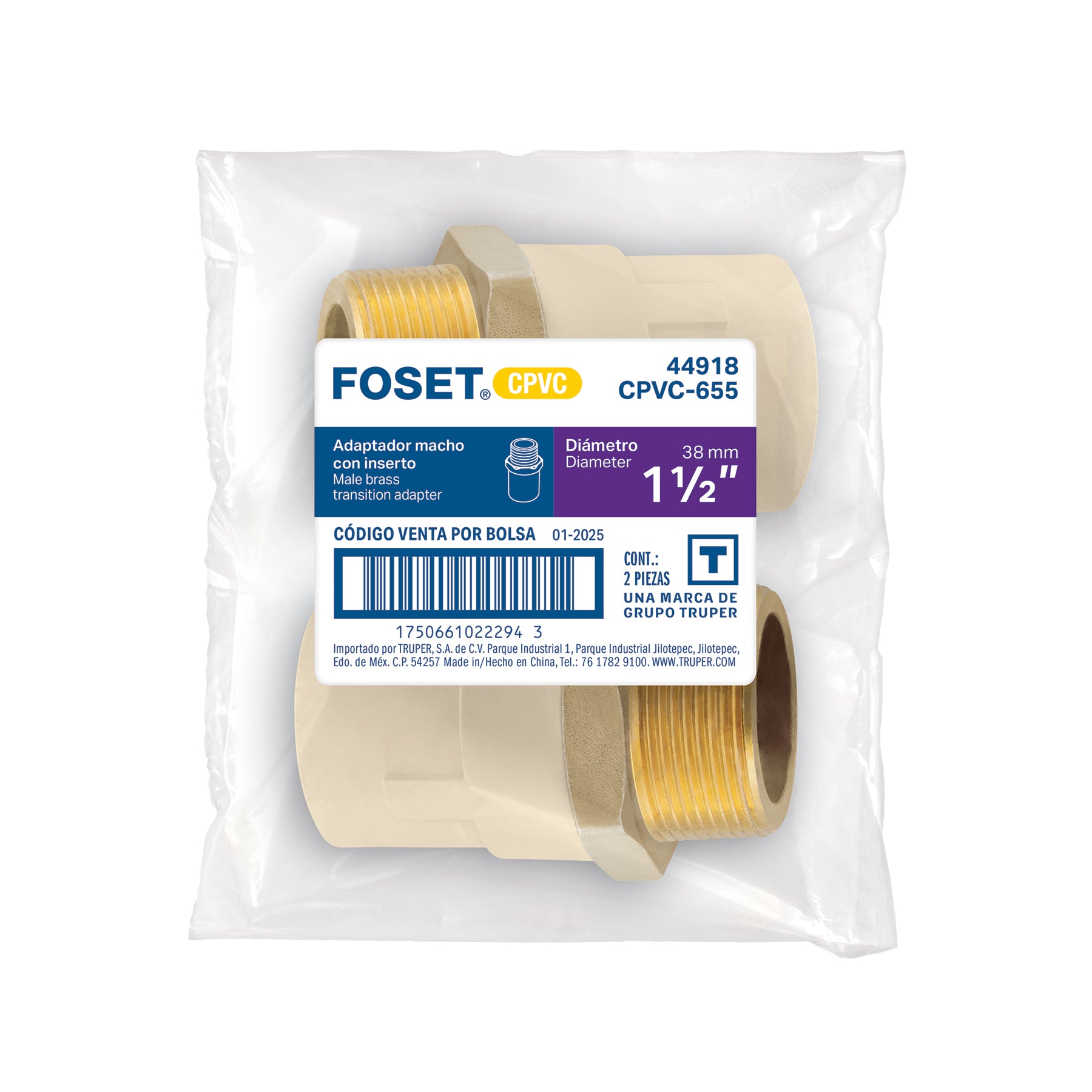 Adaptador CPVC, 1-1/2", macho inserto metálico-latón, FOSET