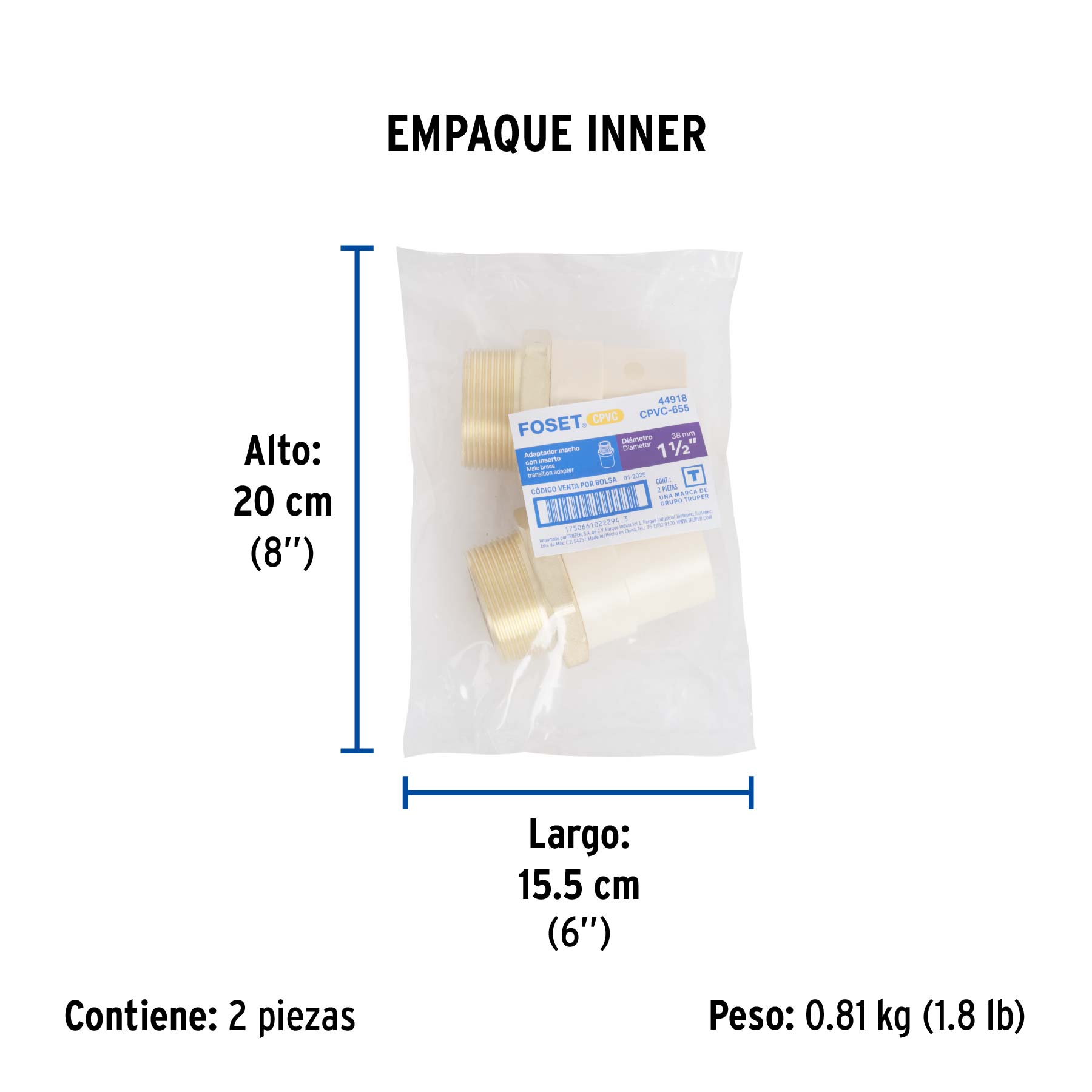 Adaptador CPVC, 1-1/2", macho inserto metálico-latón, FOSET - Empaque