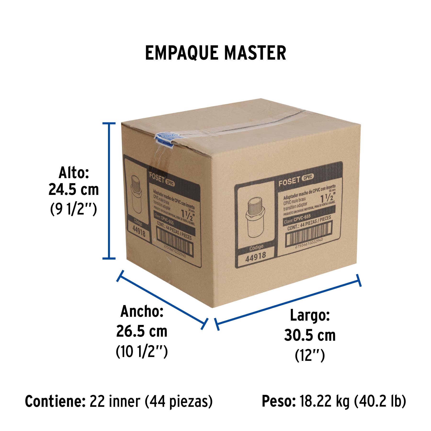 Adaptador CPVC, 1-1/2", macho inserto metálico-latón, FOSET - Empaque