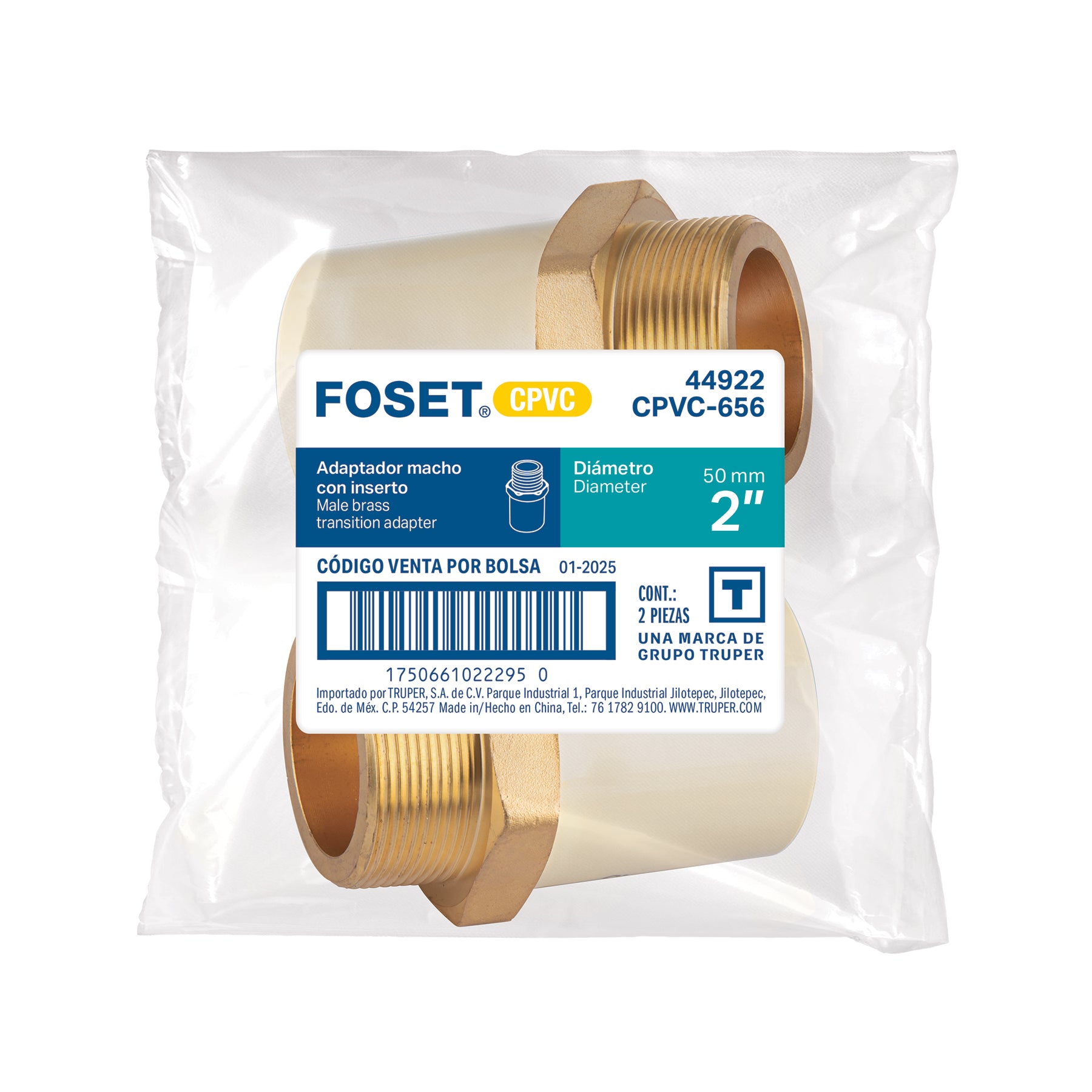 Adaptador CPVC, 2", macho inserto metálico-latón, FOSET