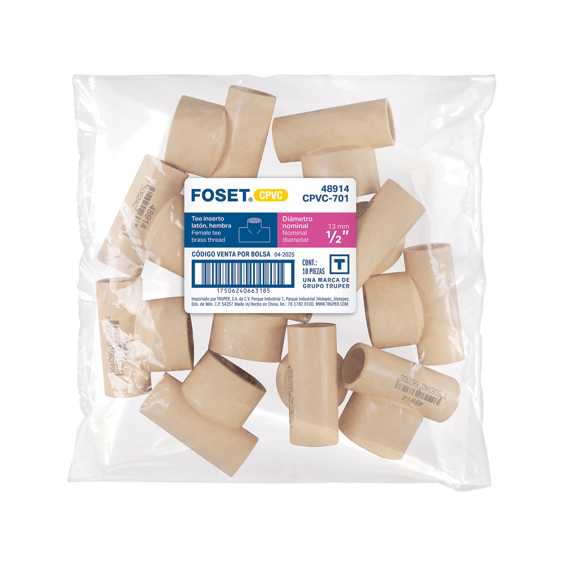 Tee de CPVC 1/2" rosca central hembra inserto latón, FOSET