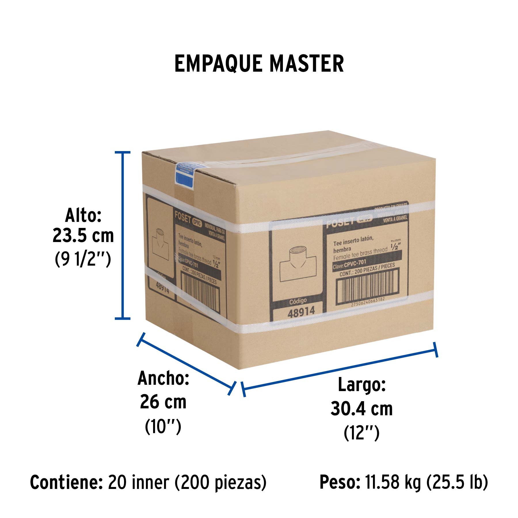 Tee de CPVC 1/2" rosca central hembra inserto latón, FOSET - Empaque