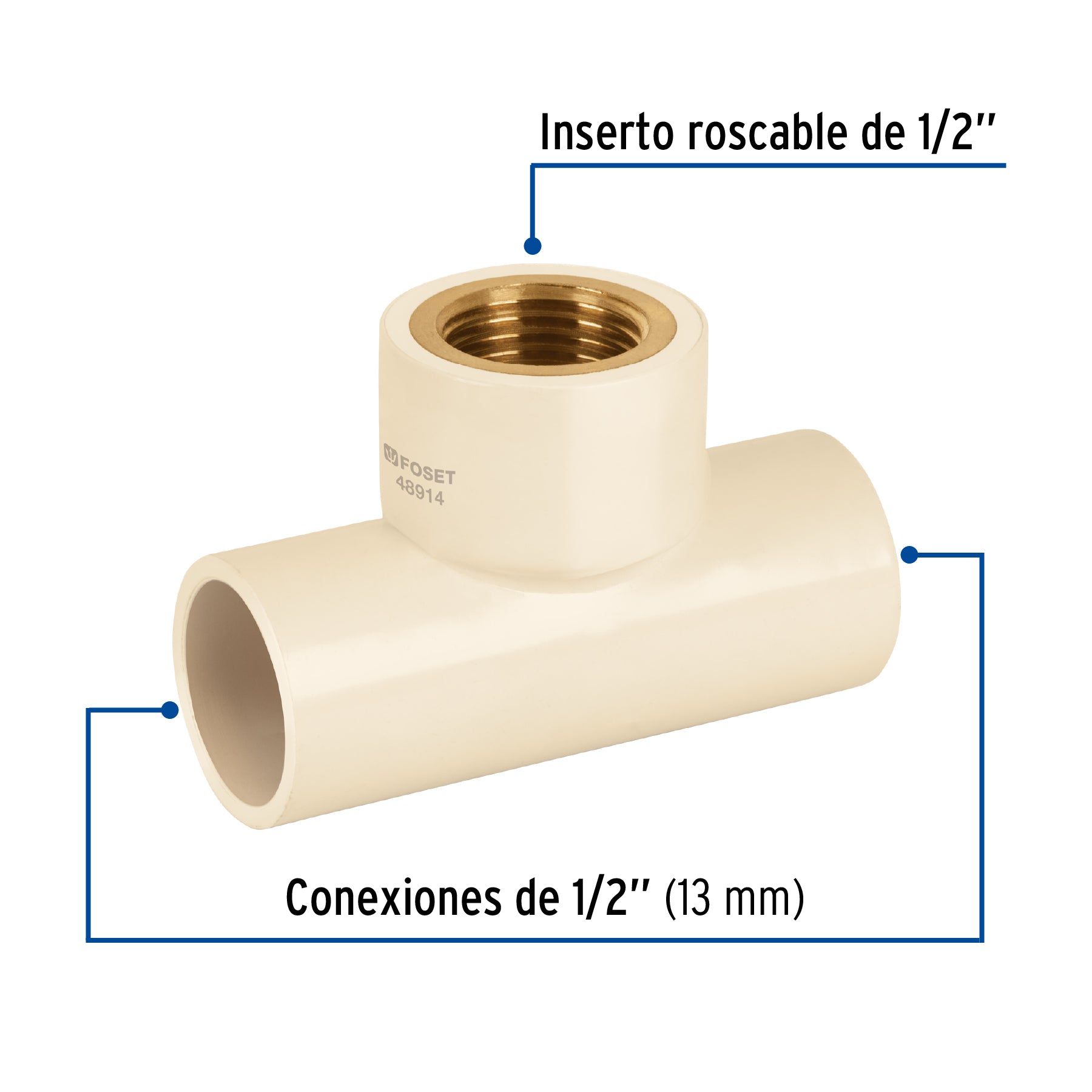 Tee de CPVC 1/2" rosca central hembra inserto latón, FOSET