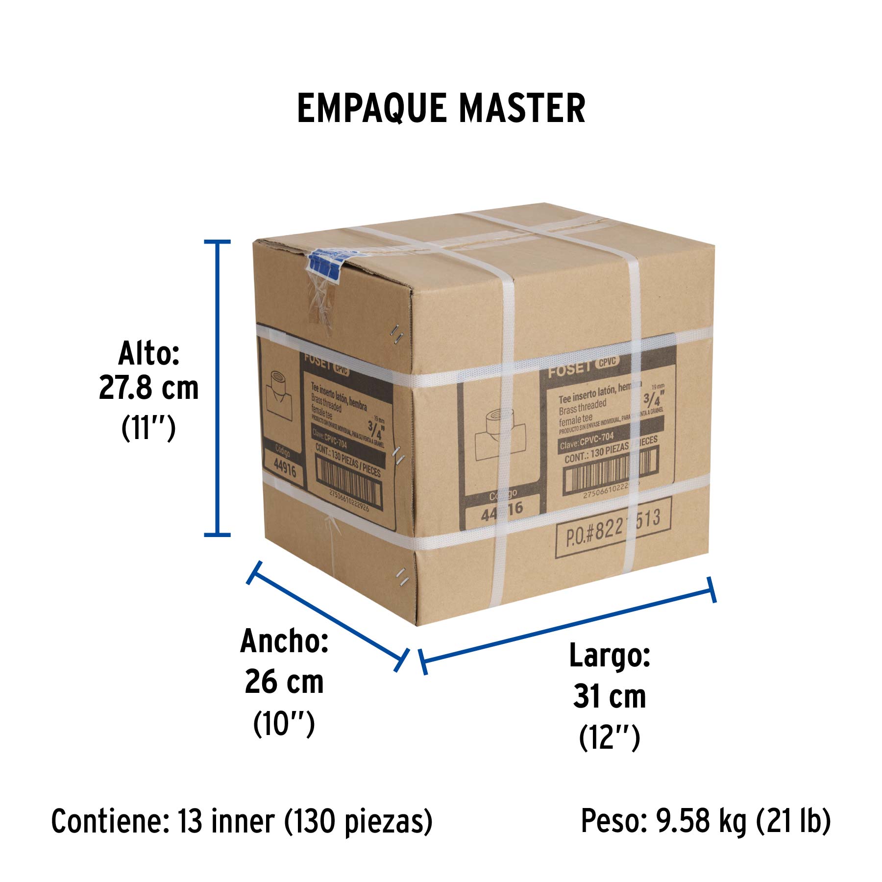 Tee de CPVC 3/4" rosca central hembra inserto latón, FOSET - Empaque