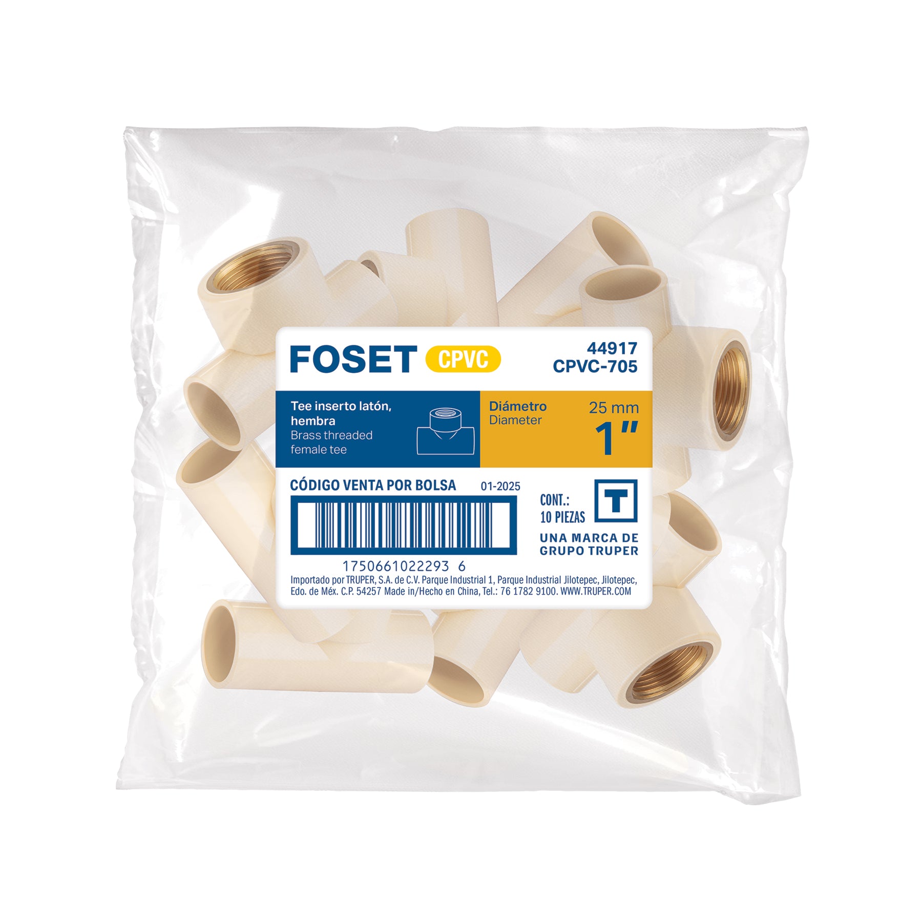 Tee de CPVC 1" rosca central hembra inserto latón, FOSET
