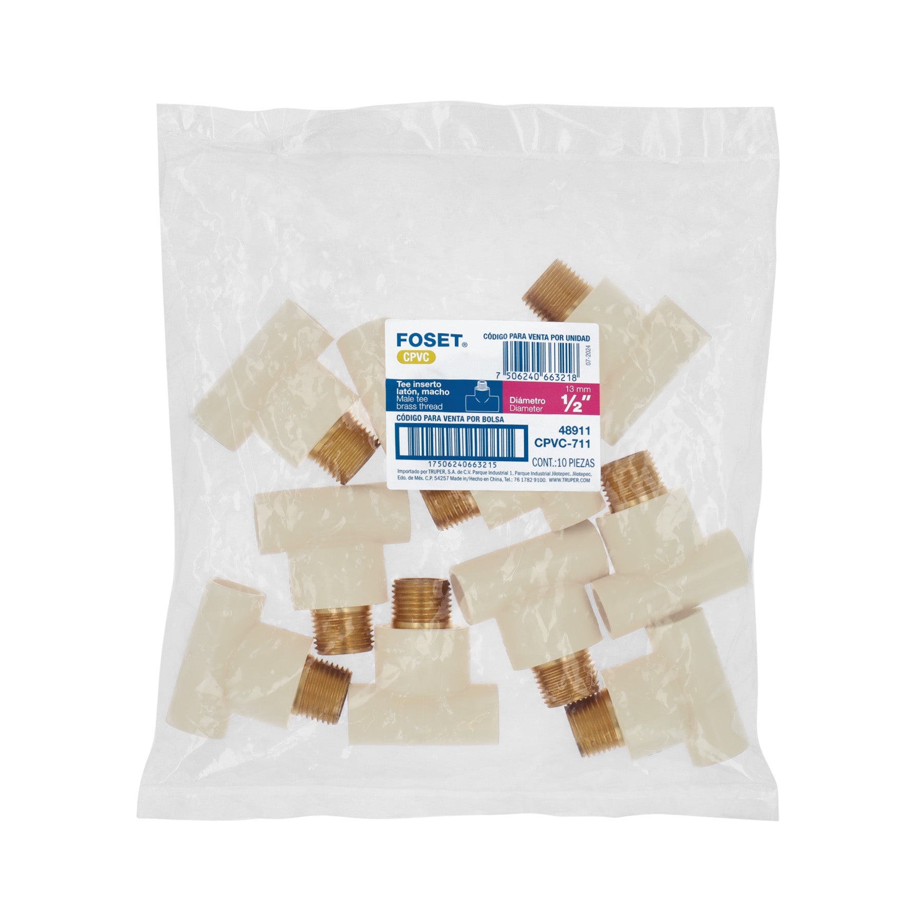 Tee de CPVC 1/2" rosca central macho inserto latón, FOSET