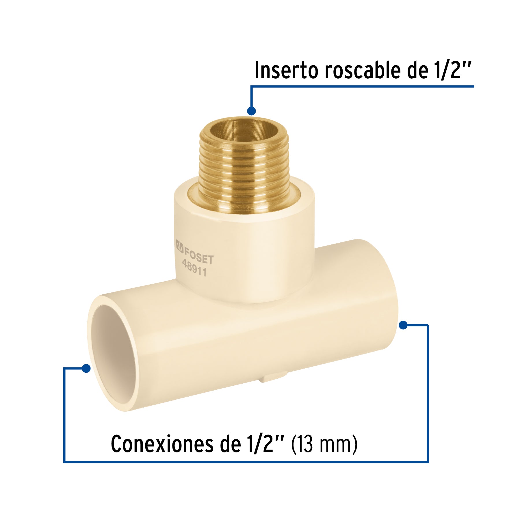 Tee de CPVC 1/2" rosca central macho inserto latón, FOSET