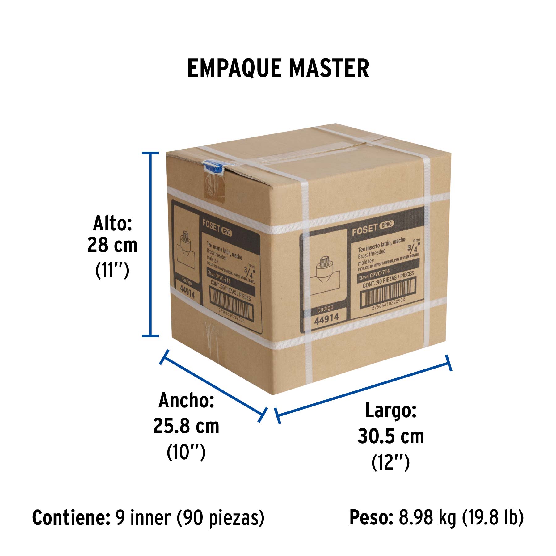 Tee de CPVC 3/4" rosca central macho inserto latón, FOSET - Empaque