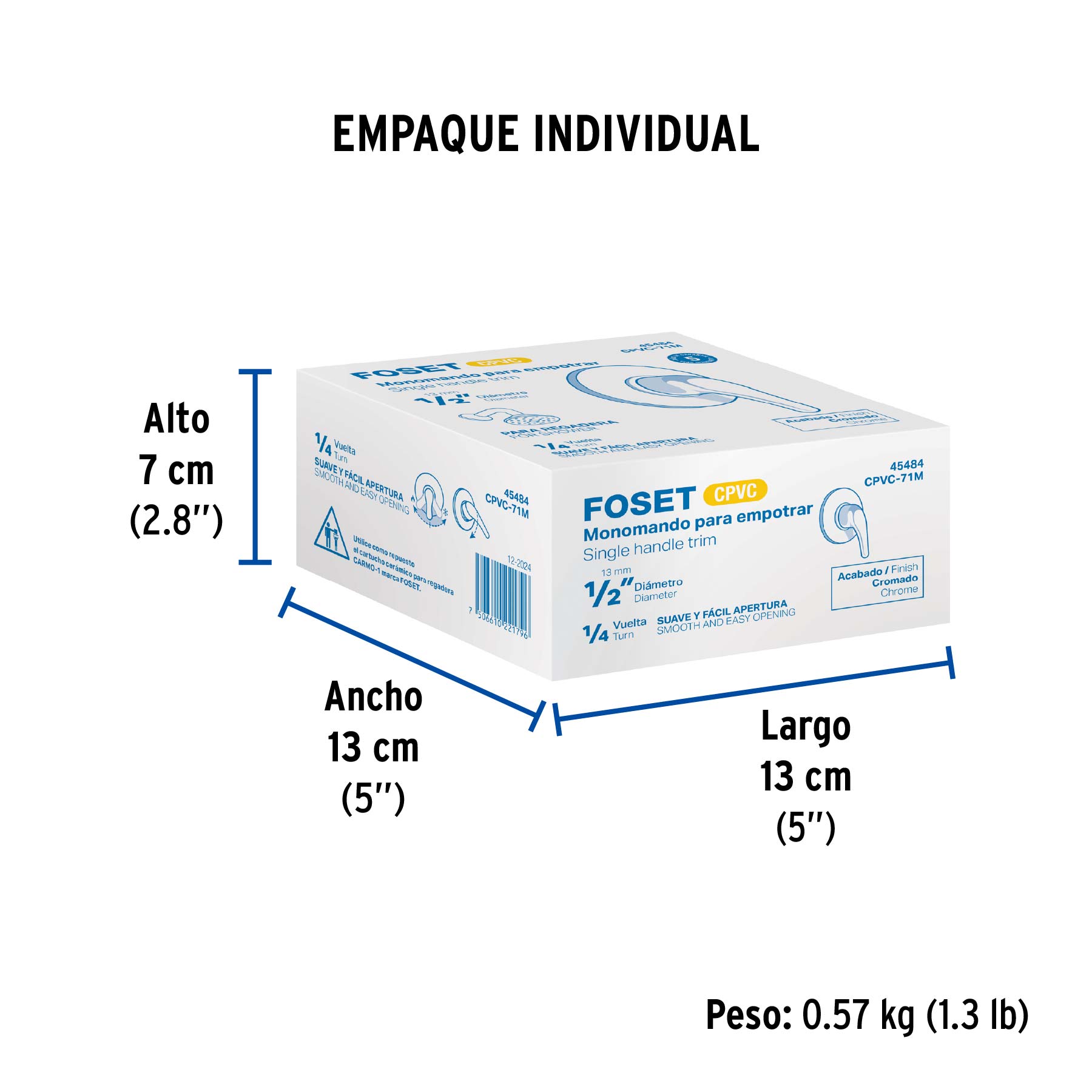 Monomando de empotrar para regadera CPVC 1/2", FOSET - Empaque