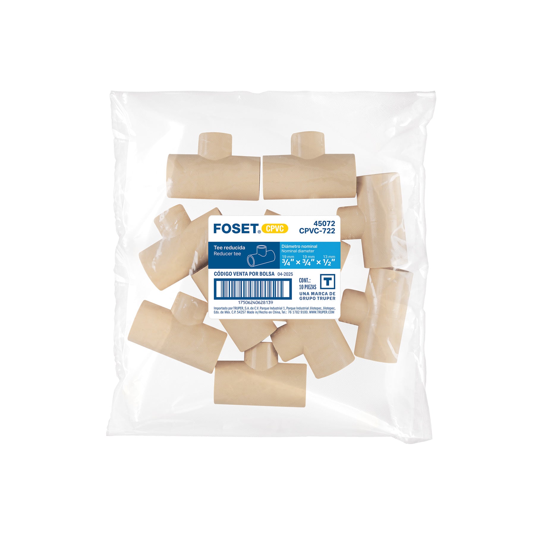 Tee reducida central de CPVC 3/4" x 3/4" x 1/2", FOSET
