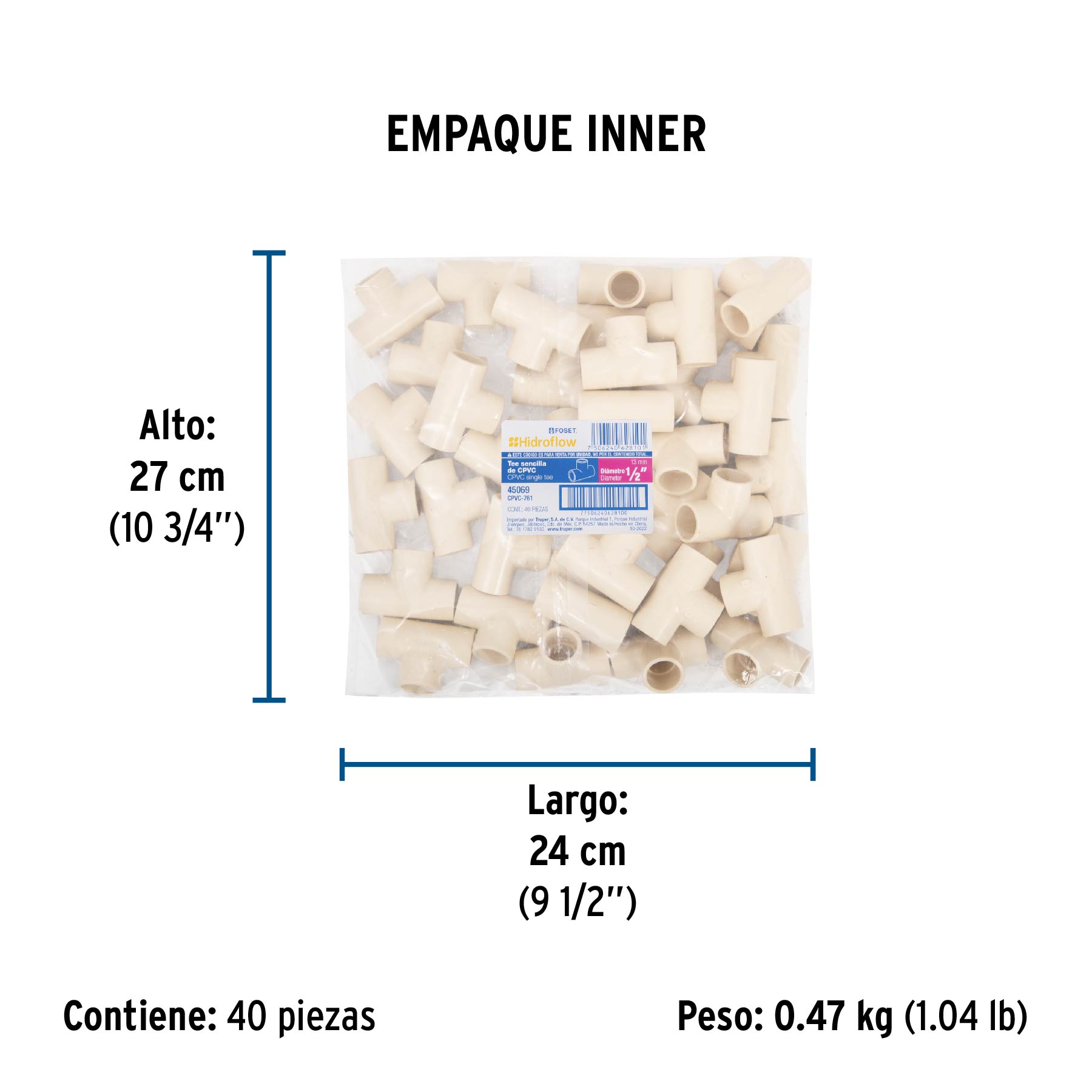 Tee sencilla de CPVC de 1/2", FOSET - Empaque