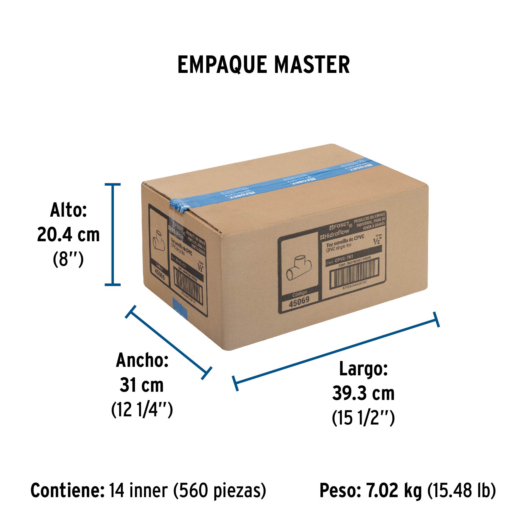 Tee sencilla de CPVC de 1/2", FOSET - Empaque