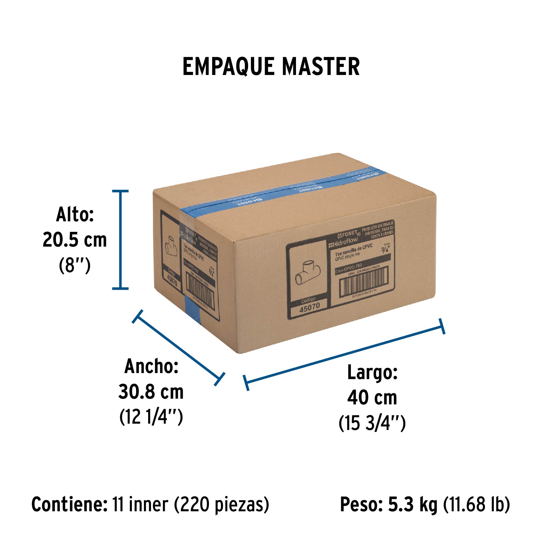 Tee sencilla de CPVC de 3/4", FOSET - Empaque