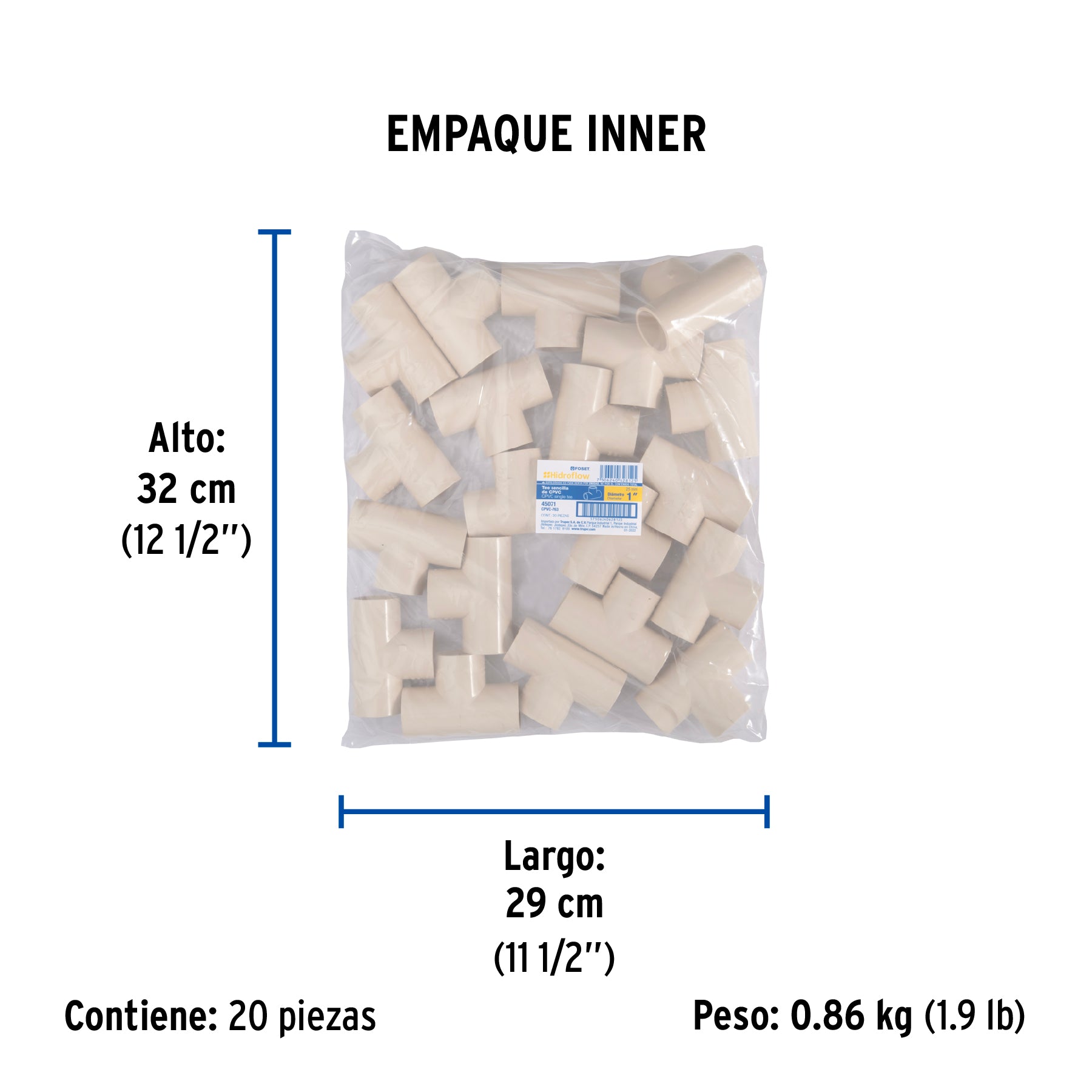 Tee sencilla de CPVC de 1", FOSET - Empaque