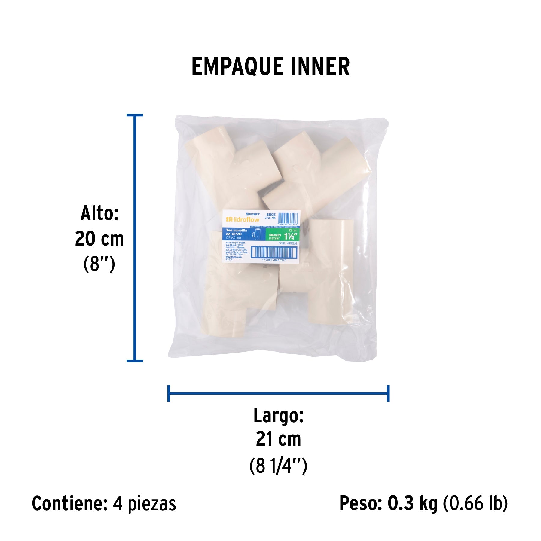Tee sencilla de CPVC de 1-1/4", FOSET - Empaque
