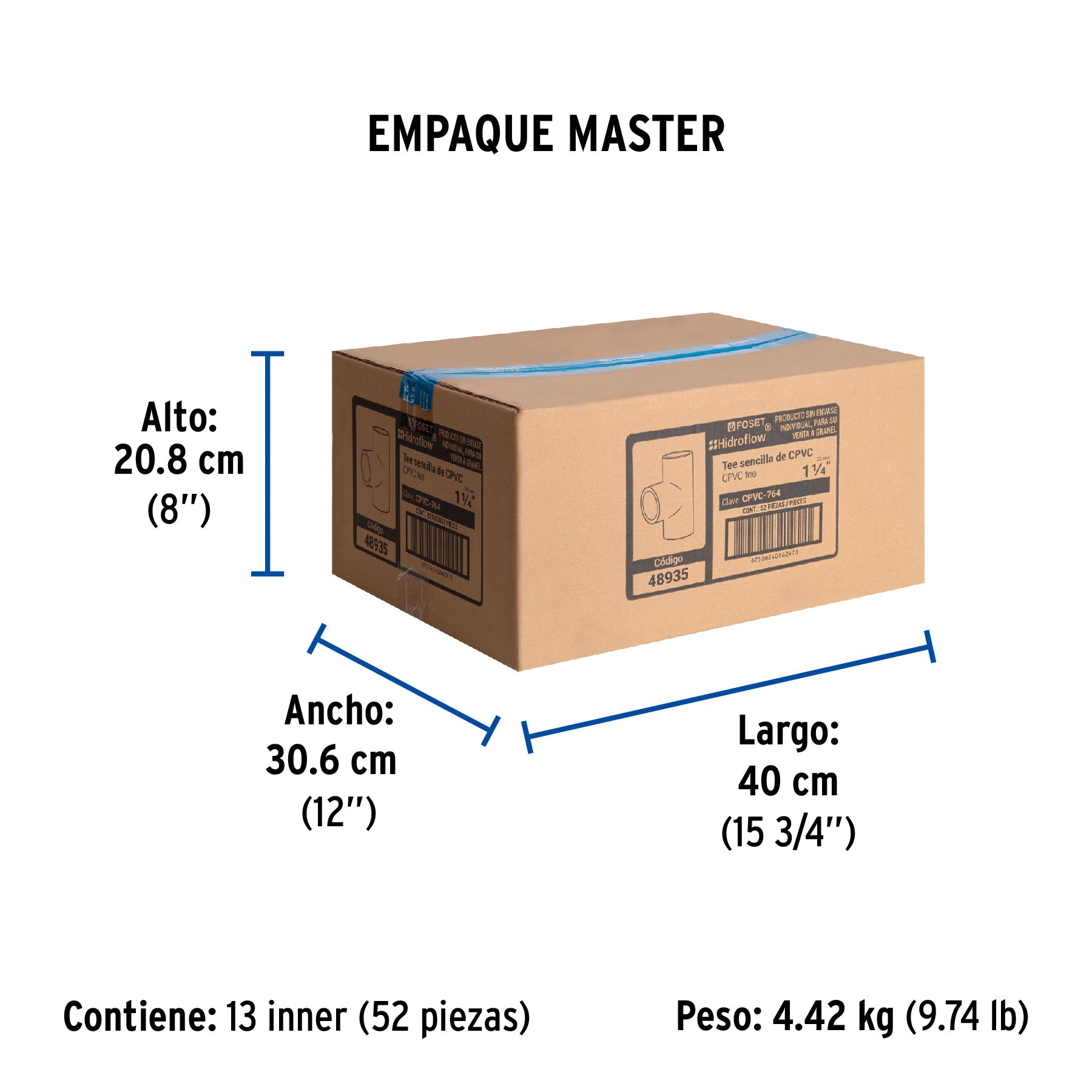 Tee sencilla de CPVC de 1-1/4", FOSET - Empaque