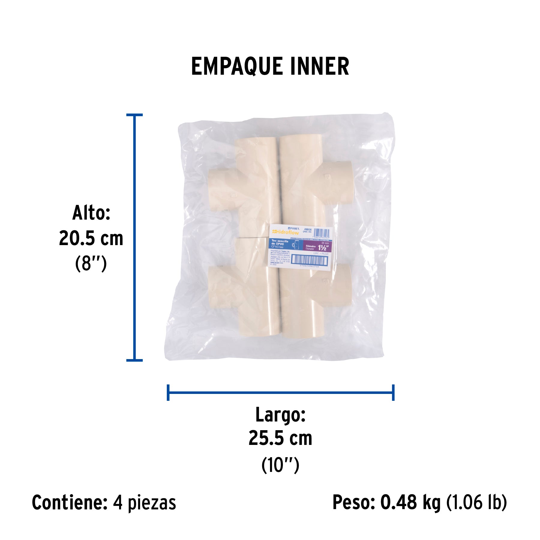Tee sencilla de CPVC de 1-1/2", FOSET - Empaque