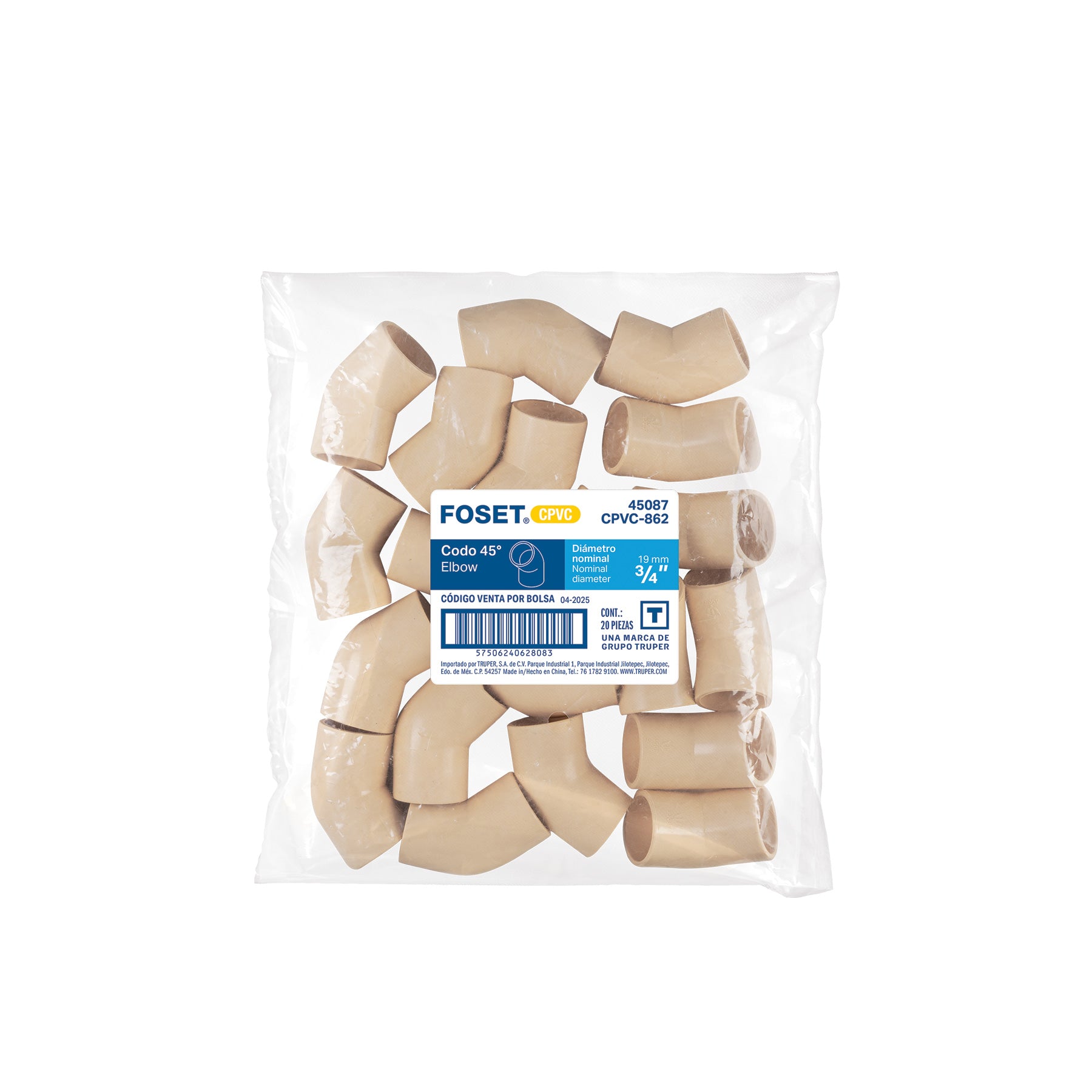 Codo 45° de CPVC de 3/4", FOSET